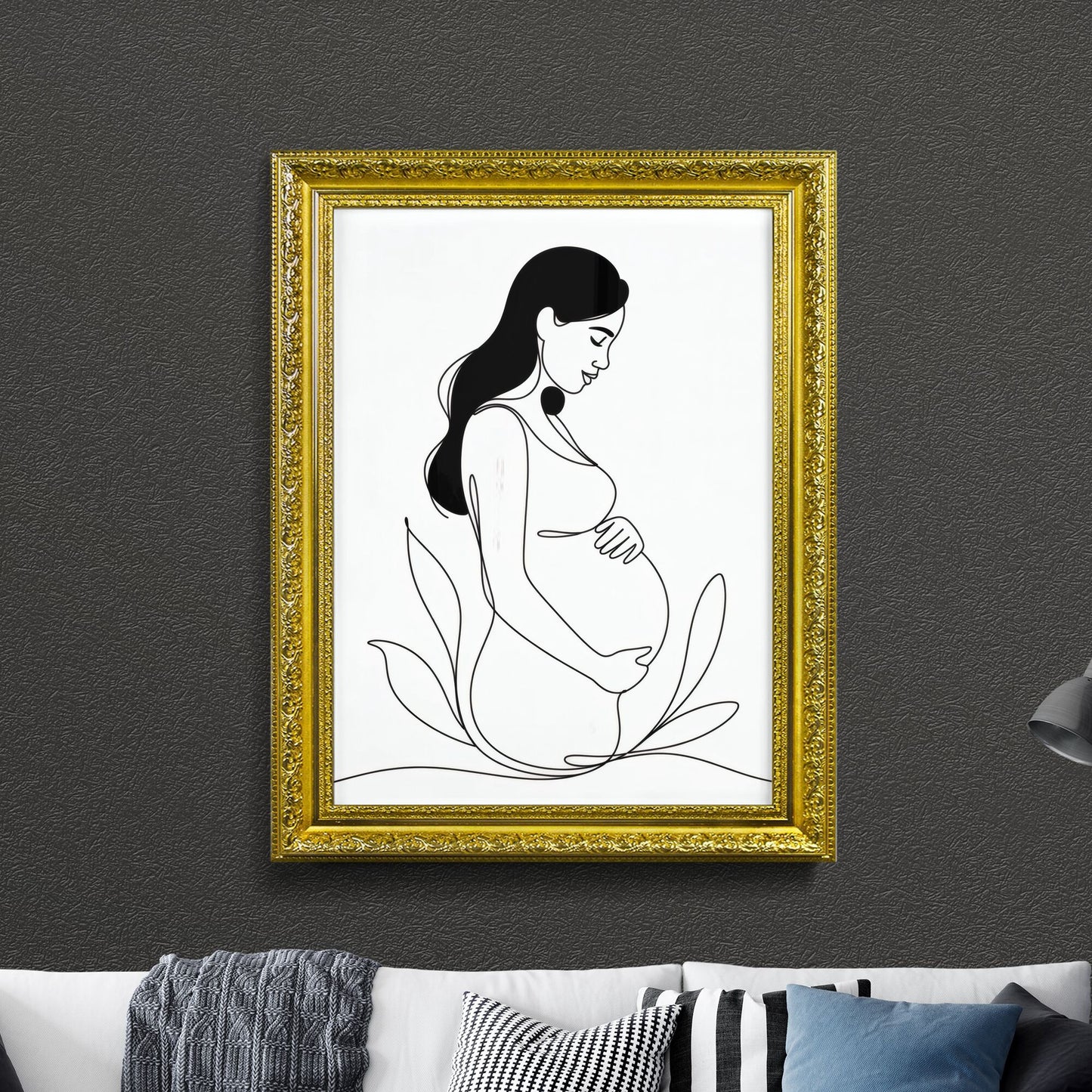 Elegant Minimalist Line Art of a Pregnant Woman Embracing Motherhood and Nature's Embrace.