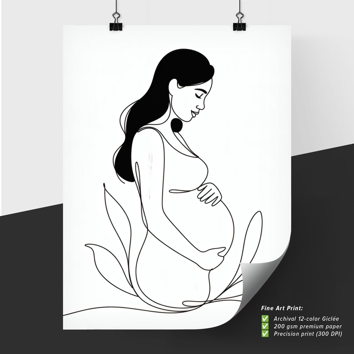 Elegant Minimalist Line Art of a Pregnant Woman Embracing Motherhood and Nature's Embrace.