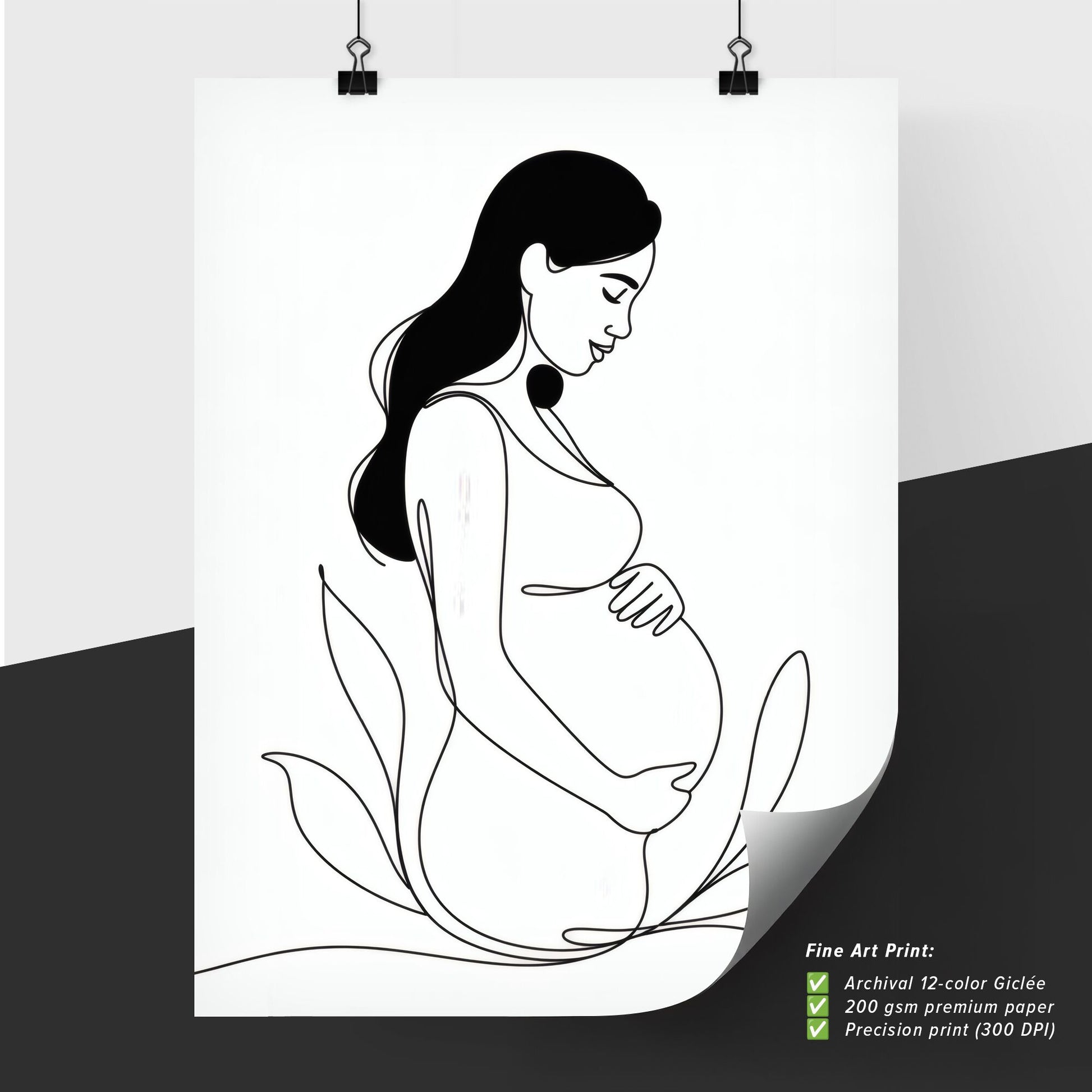 Elegant Minimalist Line Art of a Pregnant Woman Embracing Motherhood and Nature's Embrace.