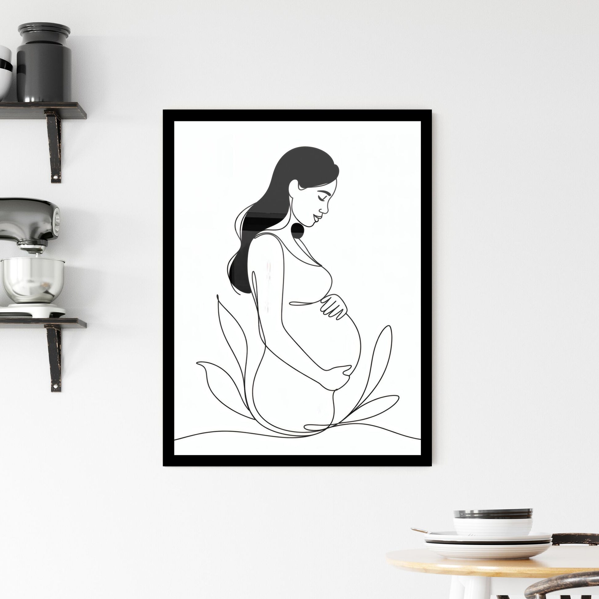 Elegant Minimalist Line Art of a Pregnant Woman Embracing Motherhood and Nature's Embrace. Framed Print
