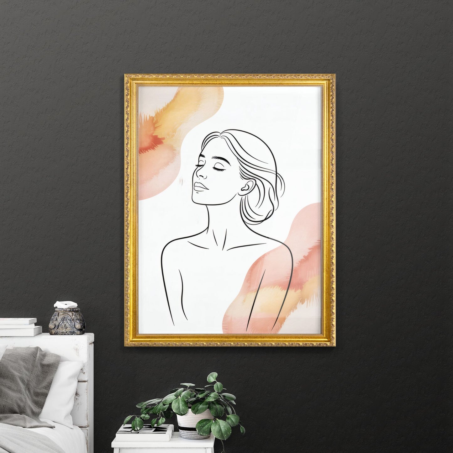 Elegant Minimalist Portrait of a Serene Woman with Soft Floral Watercolor Accents.