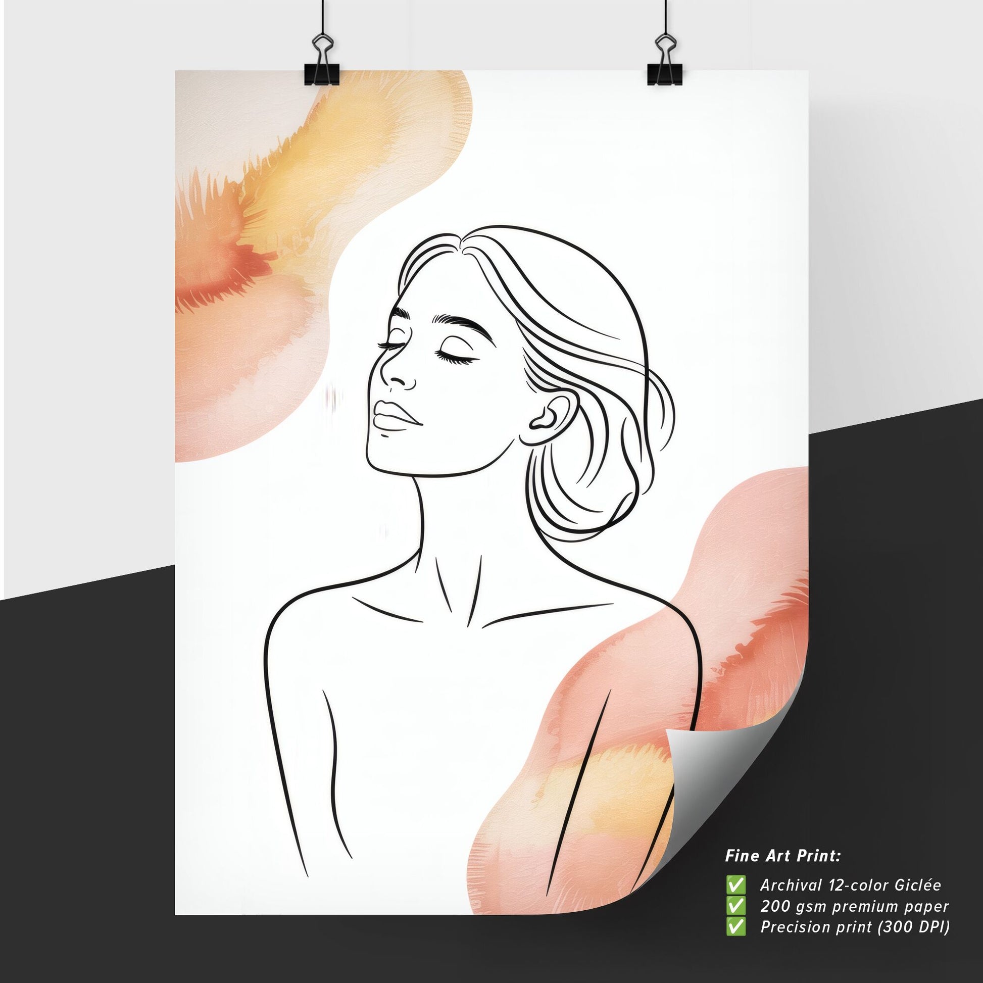 Elegant Minimalist Portrait of a Serene Woman with Soft Floral Watercolor Accents.