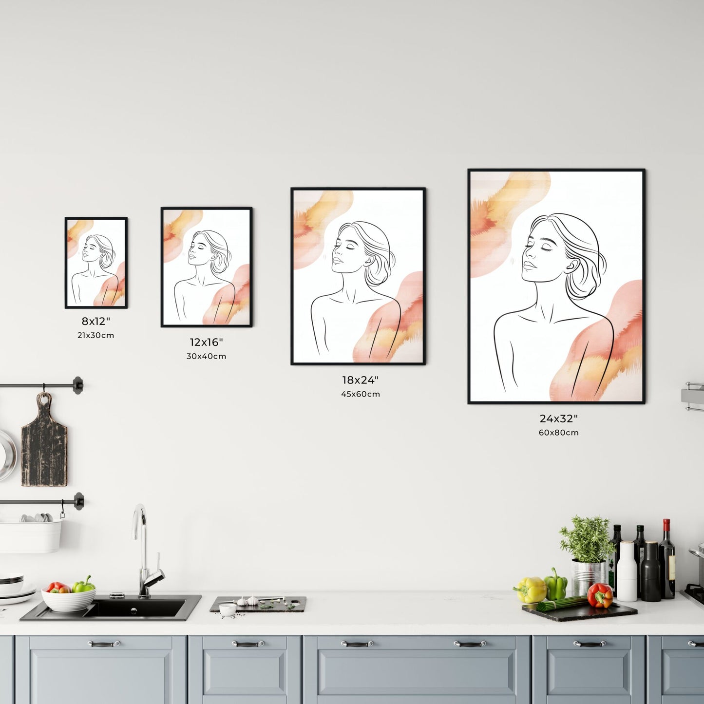 Elegant Minimalist Portrait of a Serene Woman with Soft Floral Watercolor Accents. Chart