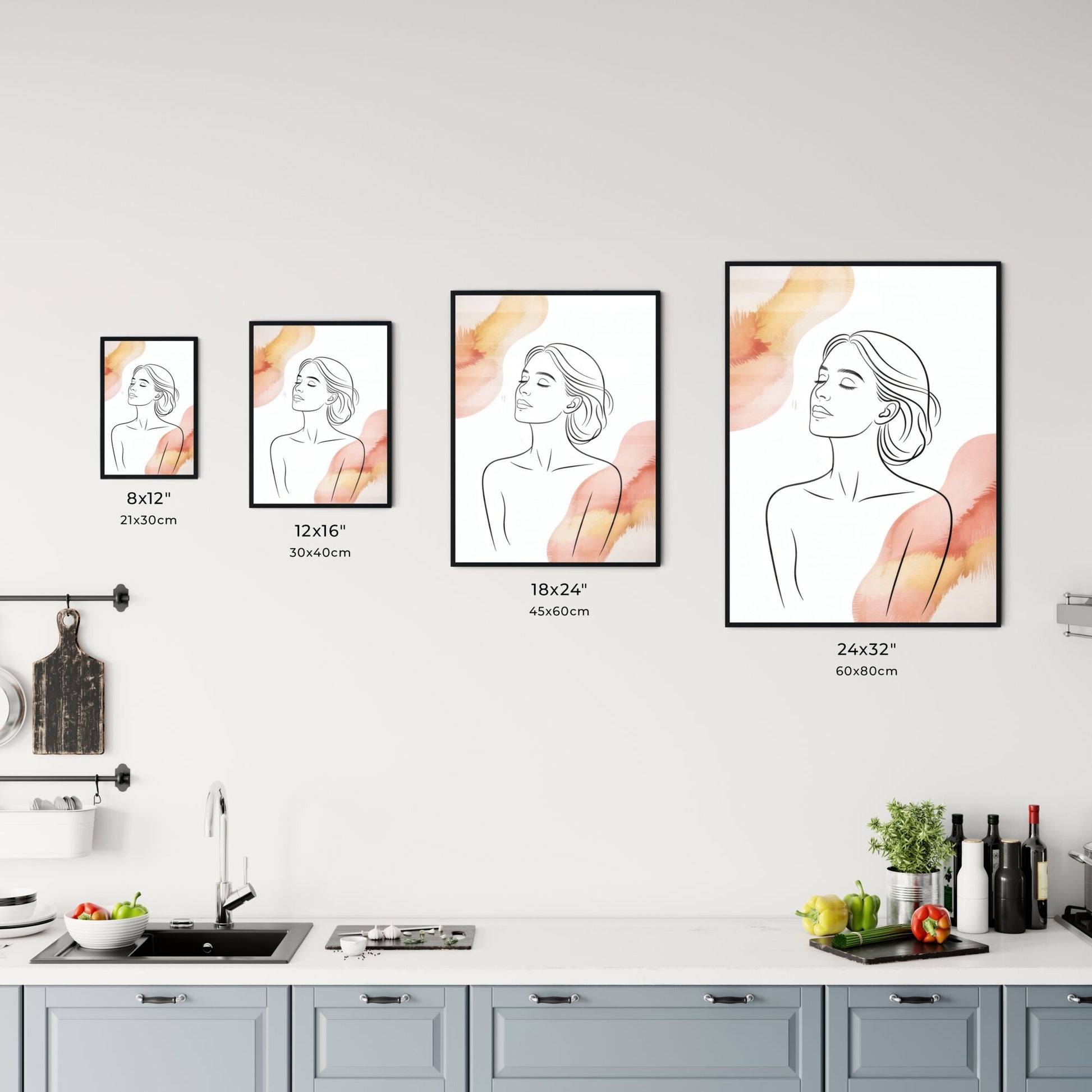 Elegant Minimalist Portrait of a Serene Woman with Soft Floral Watercolor Accents. Chart