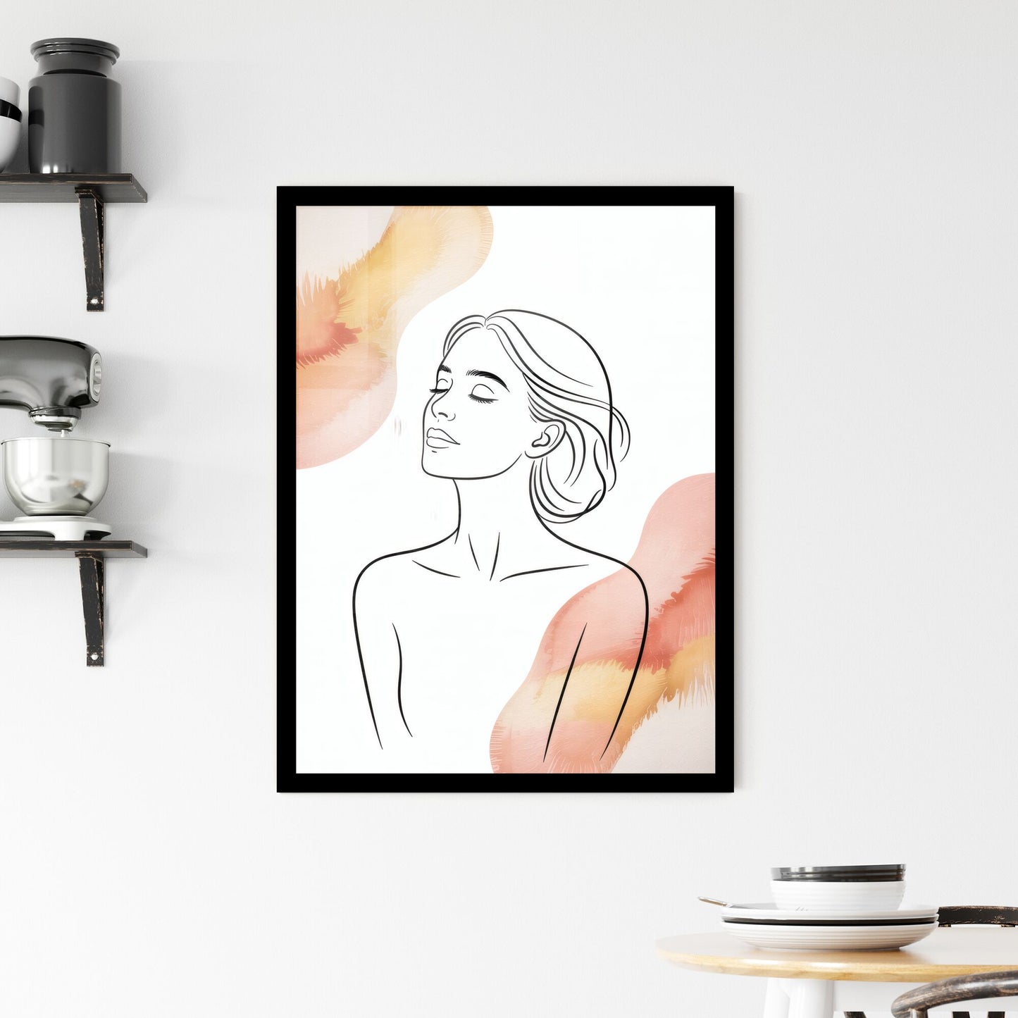 Elegant Minimalist Portrait of a Serene Woman with Soft Floral Watercolor Accents. Framed Print