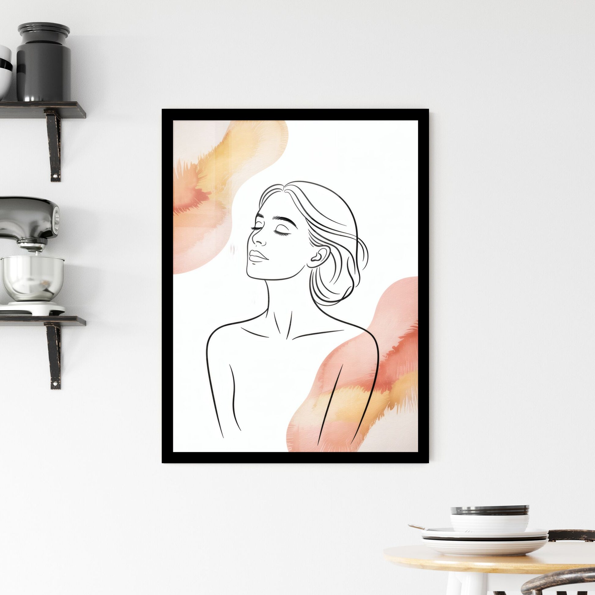 Elegant Minimalist Portrait of a Serene Woman with Soft Floral Watercolor Accents. Framed Print