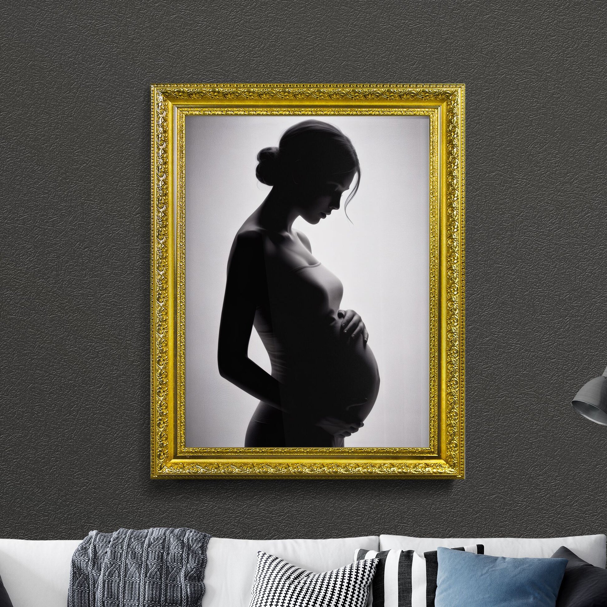 Elegant Silhouette of Pregnant Woman Embracing Baby Bump Against Soft, Ethereal Background