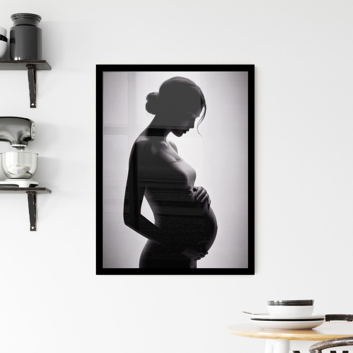 Elegant Silhouette of Pregnant Woman Embracing Baby Bump Against Soft, Ethereal Background Framed Print