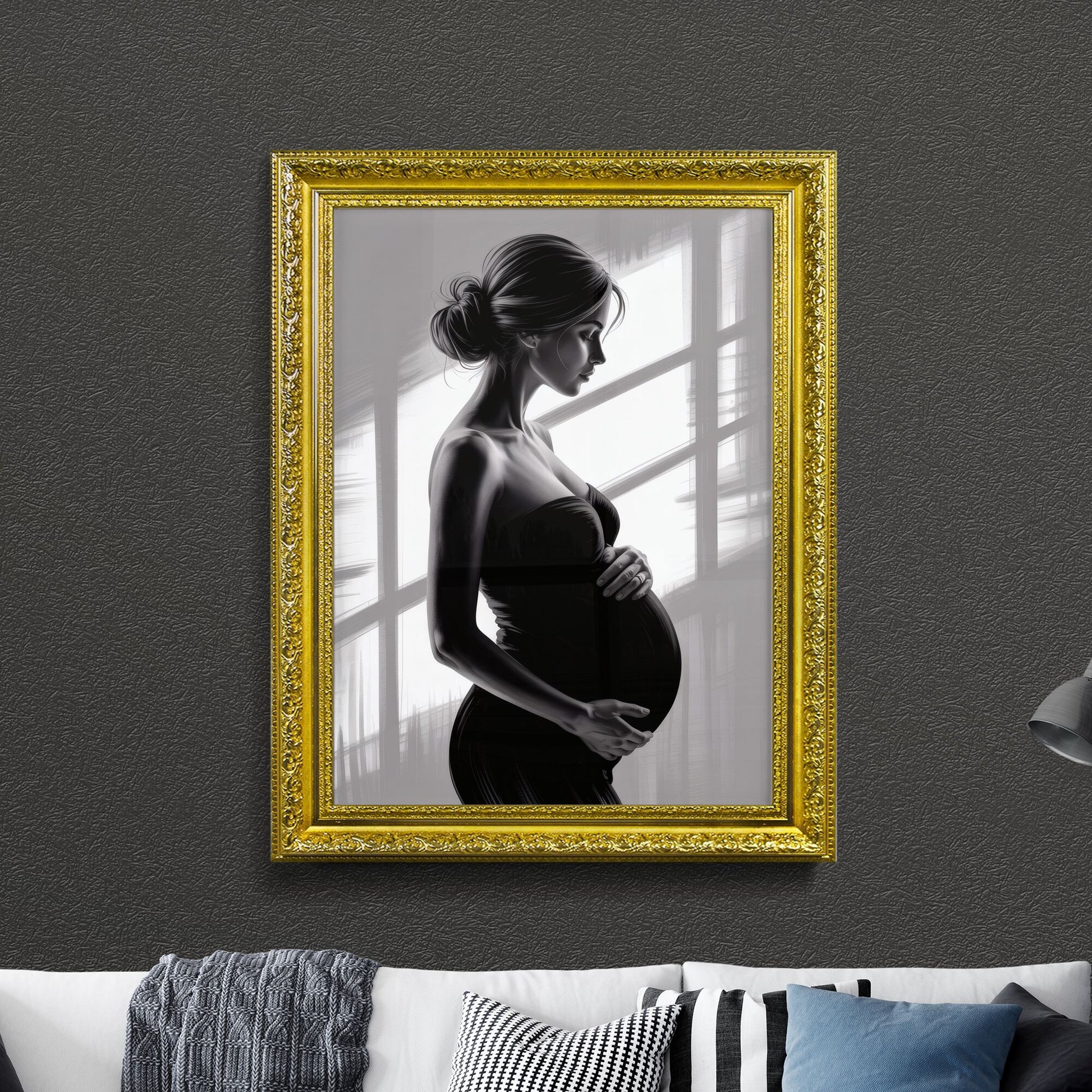 Elegant silhouette of a pregnant woman in profile, softly lit by natural window light, showcasing maternal beauty.