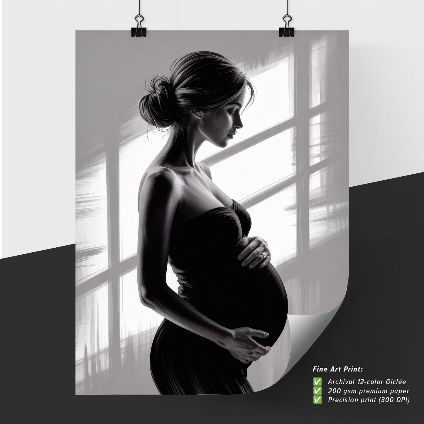 Elegant silhouette of a pregnant woman in profile, softly lit by natural window light, showcasing maternal beauty.