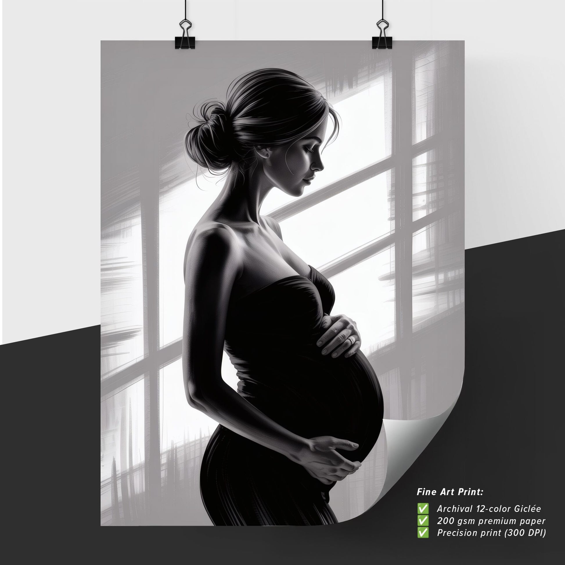 Elegant silhouette of a pregnant woman in profile, softly lit by natural window light, showcasing maternal beauty.