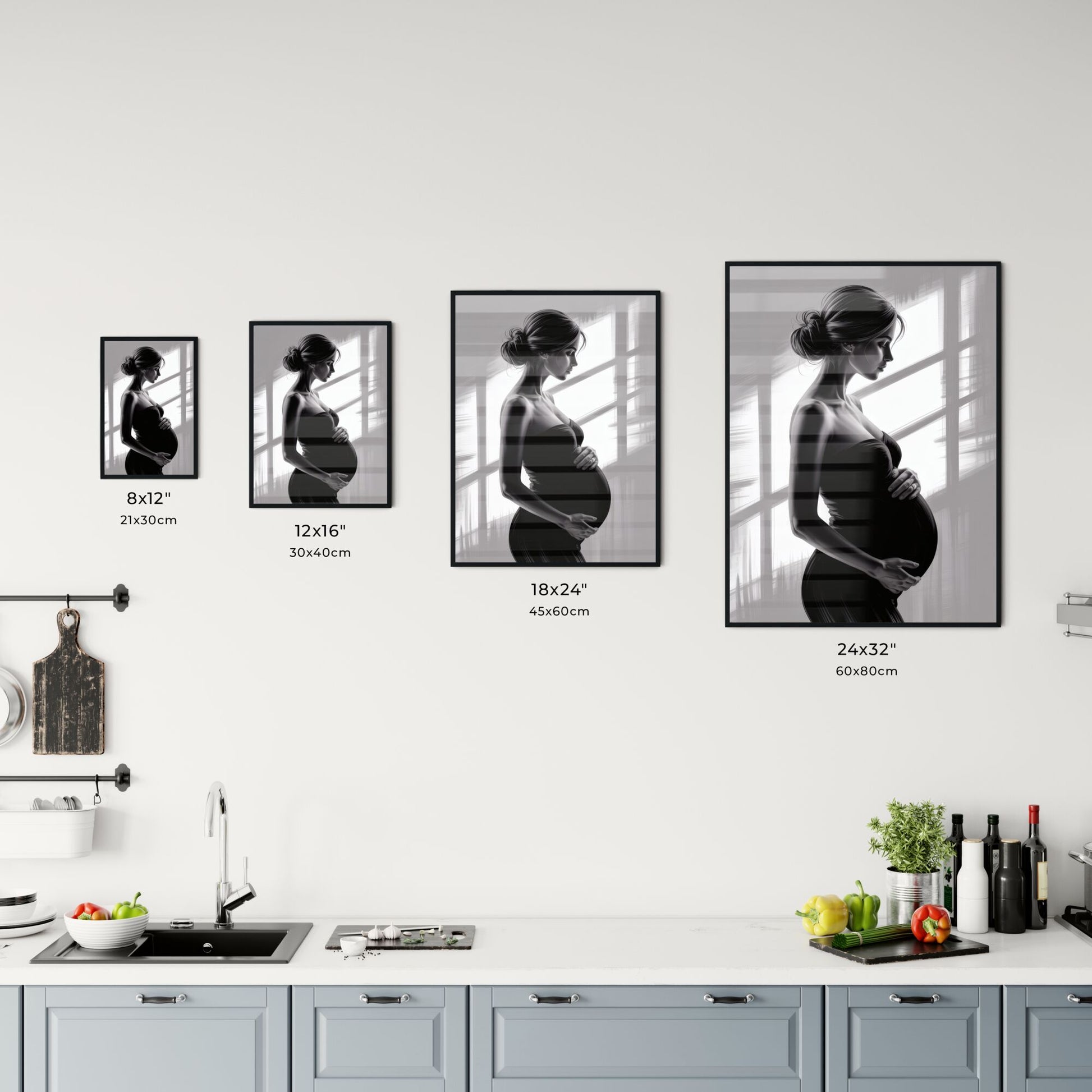 Elegant silhouette of a pregnant woman in profile, softly lit by natural window light, showcasing maternal beauty. Chart