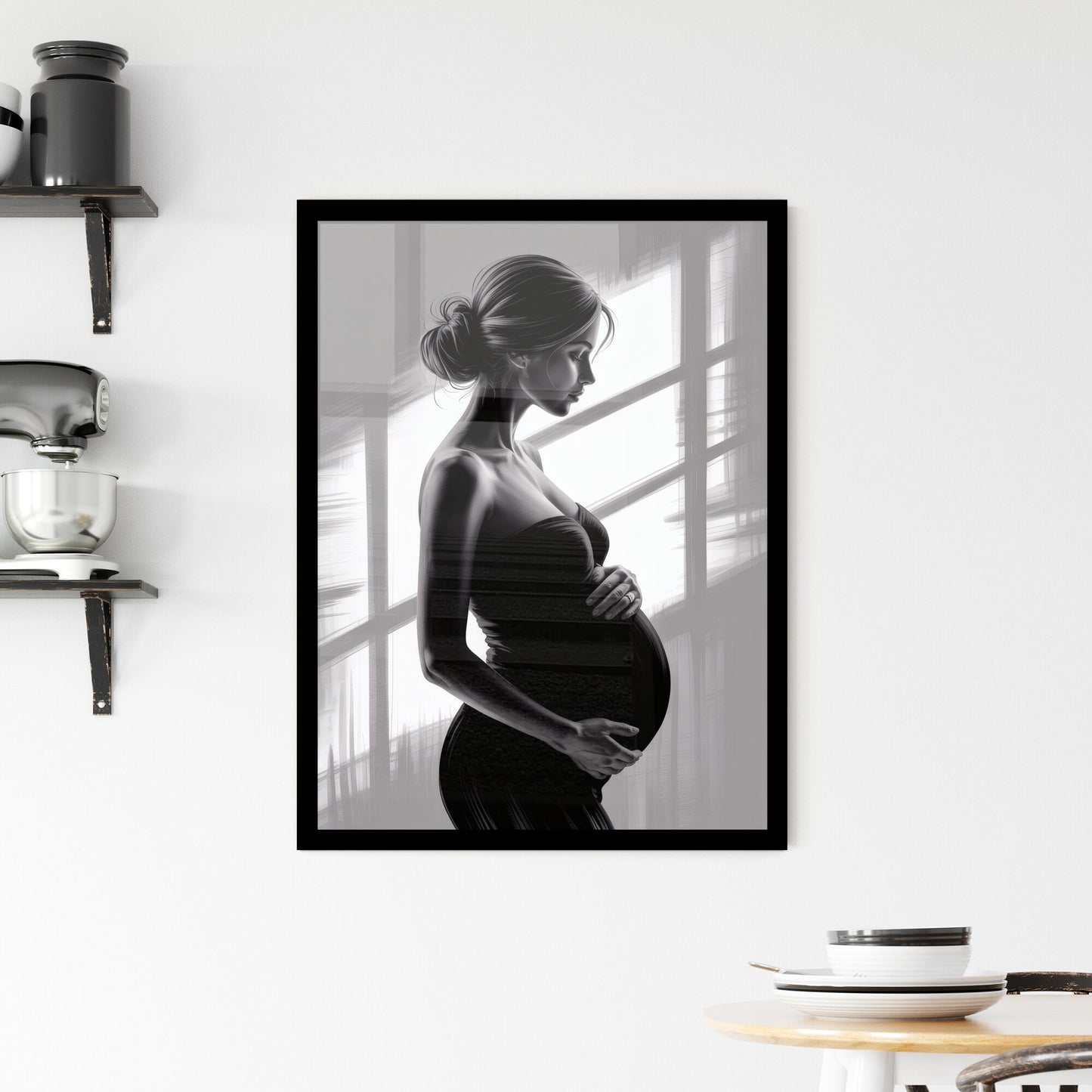 Elegant silhouette of a pregnant woman in profile, softly lit by natural window light, showcasing maternal beauty. Framed Print