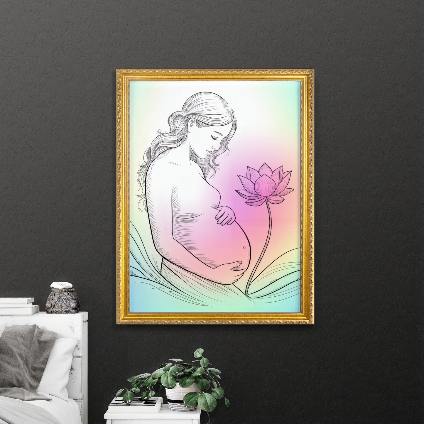 Elegant Pregnant Woman Embracing Motherhood with a Lotus Flower on a Soft Rainbow Background