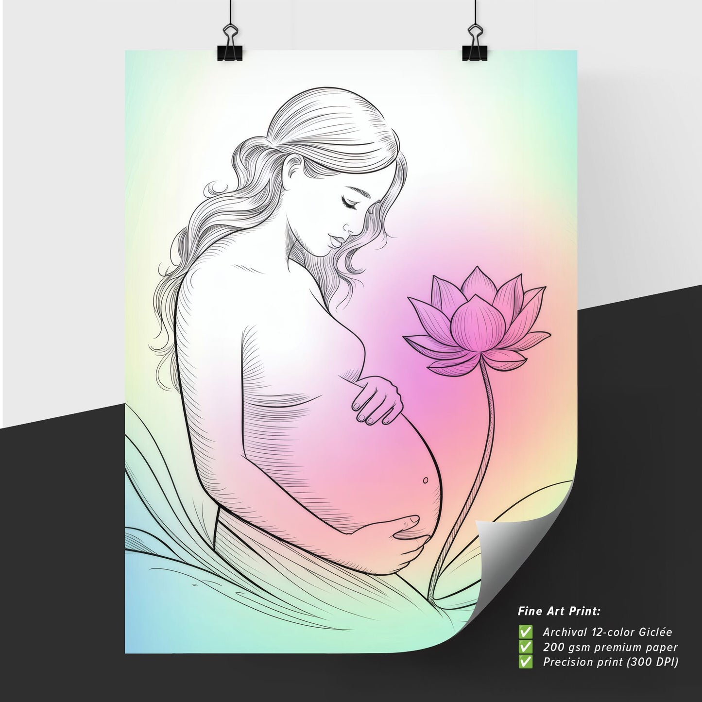 Elegant Pregnant Woman Embracing Motherhood with a Lotus Flower on a Soft Rainbow Background