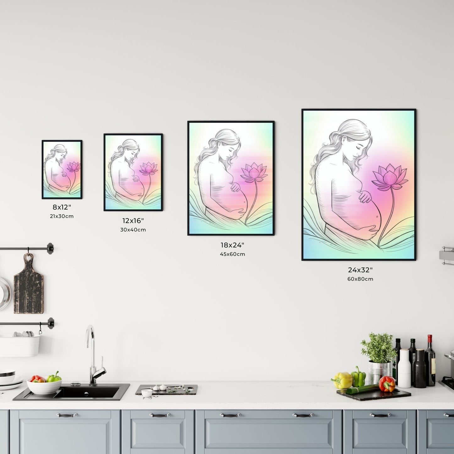Elegant Pregnant Woman Embracing Motherhood with a Lotus Flower on a Soft Rainbow Background Chart