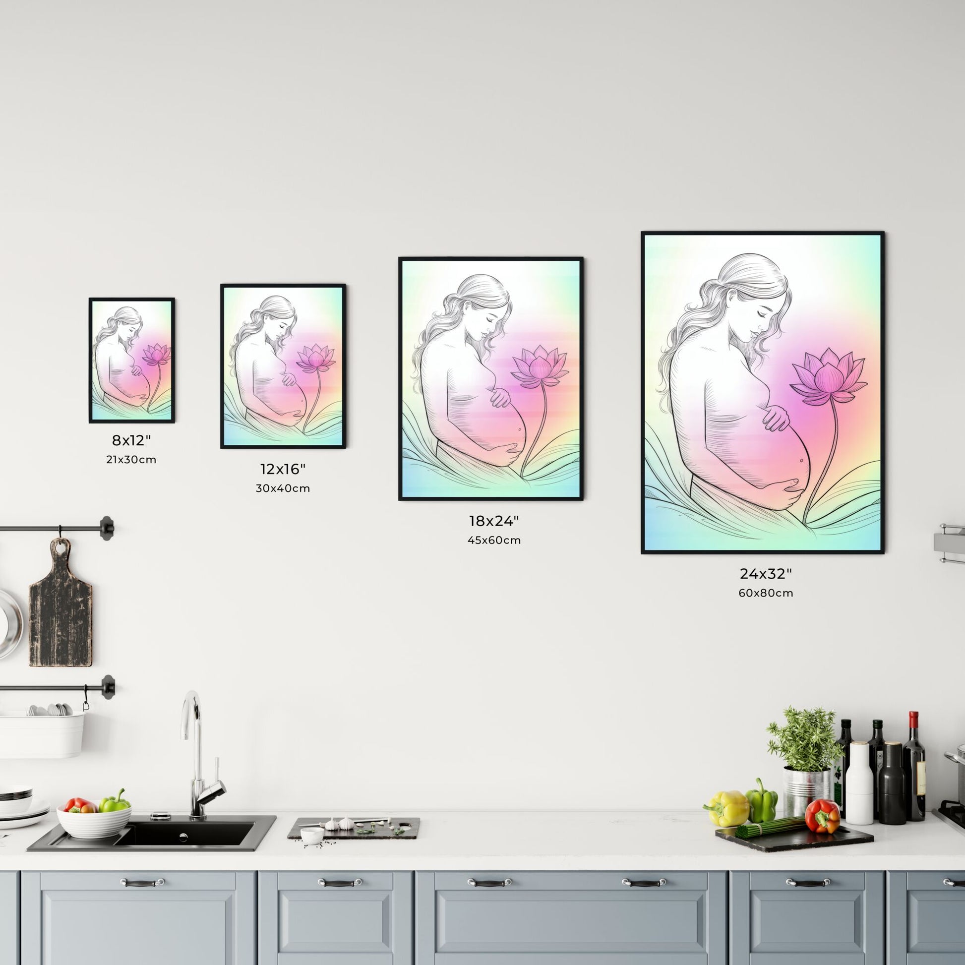 Elegant Pregnant Woman Embracing Motherhood with a Lotus Flower on a Soft Rainbow Background Chart