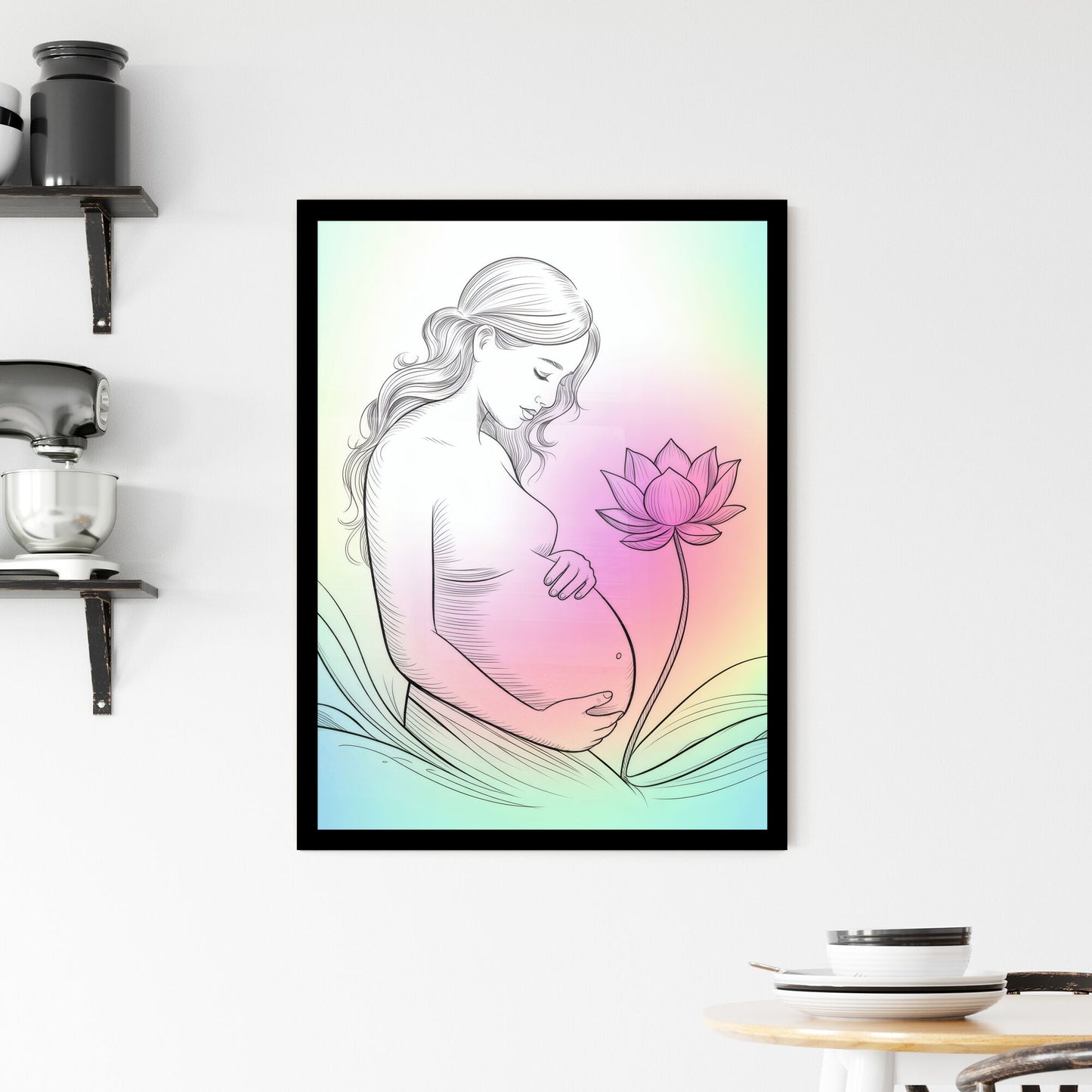 Elegant Pregnant Woman Embracing Motherhood with a Lotus Flower on a Soft Rainbow Background Framed Print