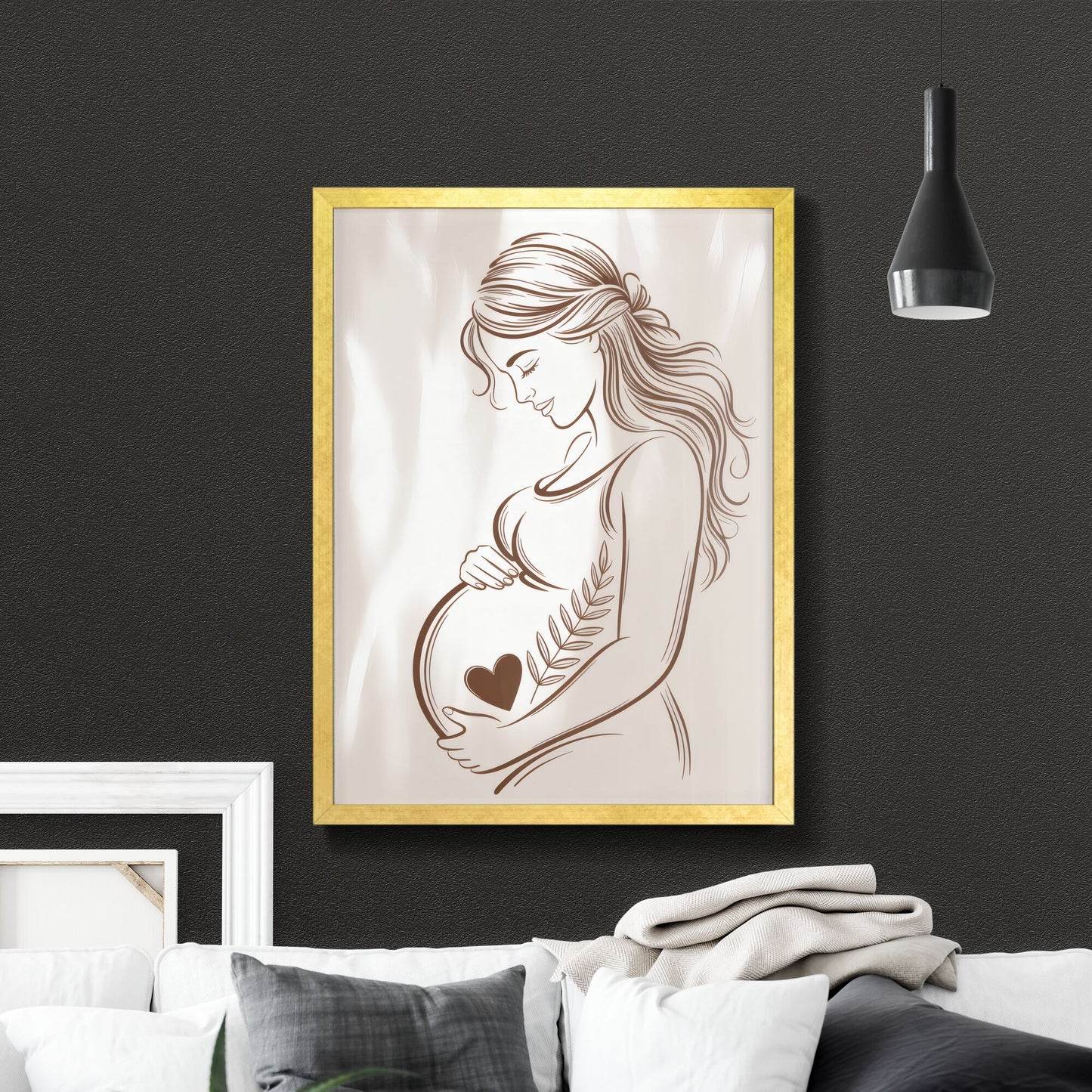 Elegant Line Art of a Pregnant Woman Cradling Her Baby Bump with Heart Symbol and Leaf Motif.