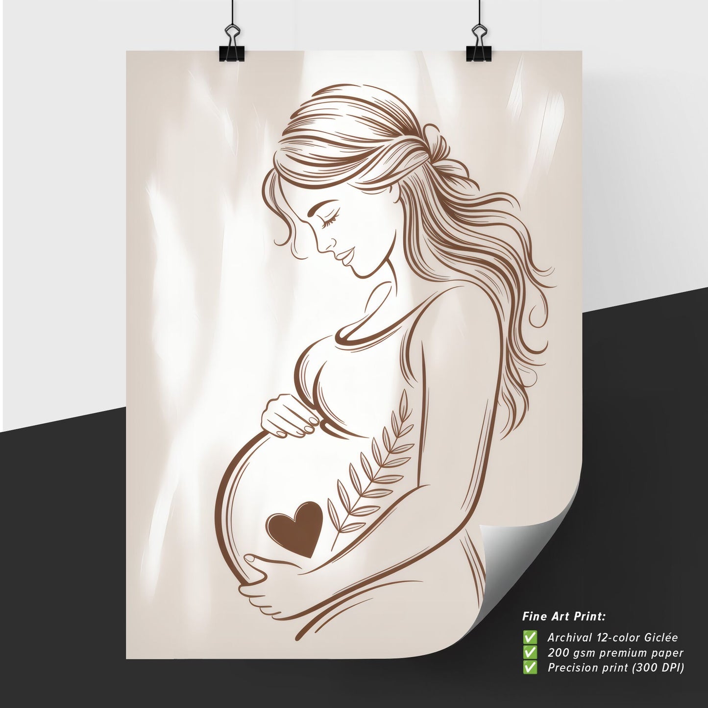 Elegant Line Art of a Pregnant Woman Cradling Her Baby Bump with Heart Symbol and Leaf Motif.