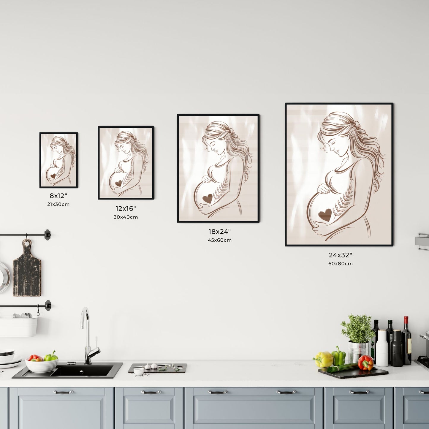 Elegant Line Art of a Pregnant Woman Cradling Her Baby Bump with Heart Symbol and Leaf Motif. Chart