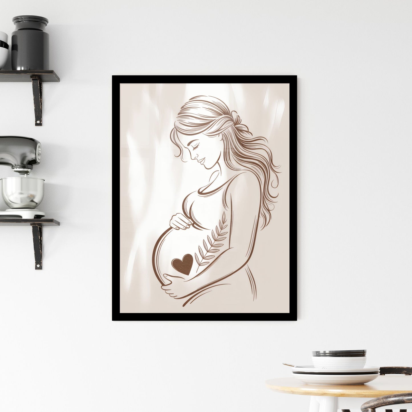 Elegant Line Art of a Pregnant Woman Cradling Her Baby Bump with Heart Symbol and Leaf Motif. Framed Print