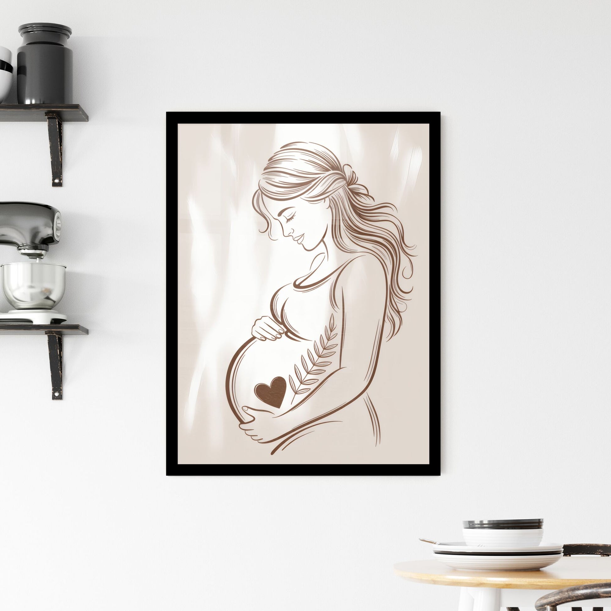 Elegant Line Art of a Pregnant Woman Cradling Her Baby Bump with Heart Symbol and Leaf Motif. Framed Print