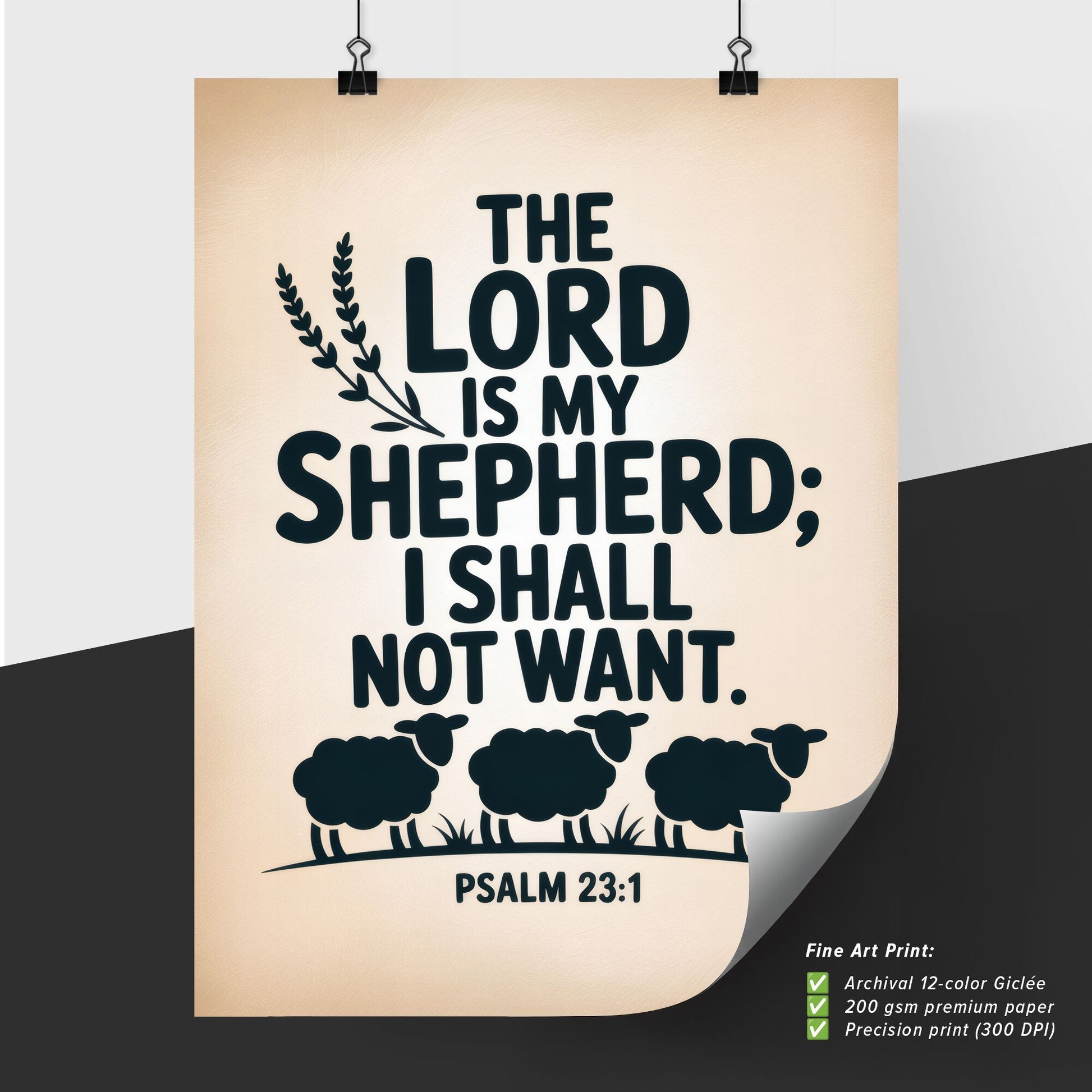 Elegant Typography Print of Psalm 23:1 Featuring Sheep and Serenity for Faith-Inspired Decor.