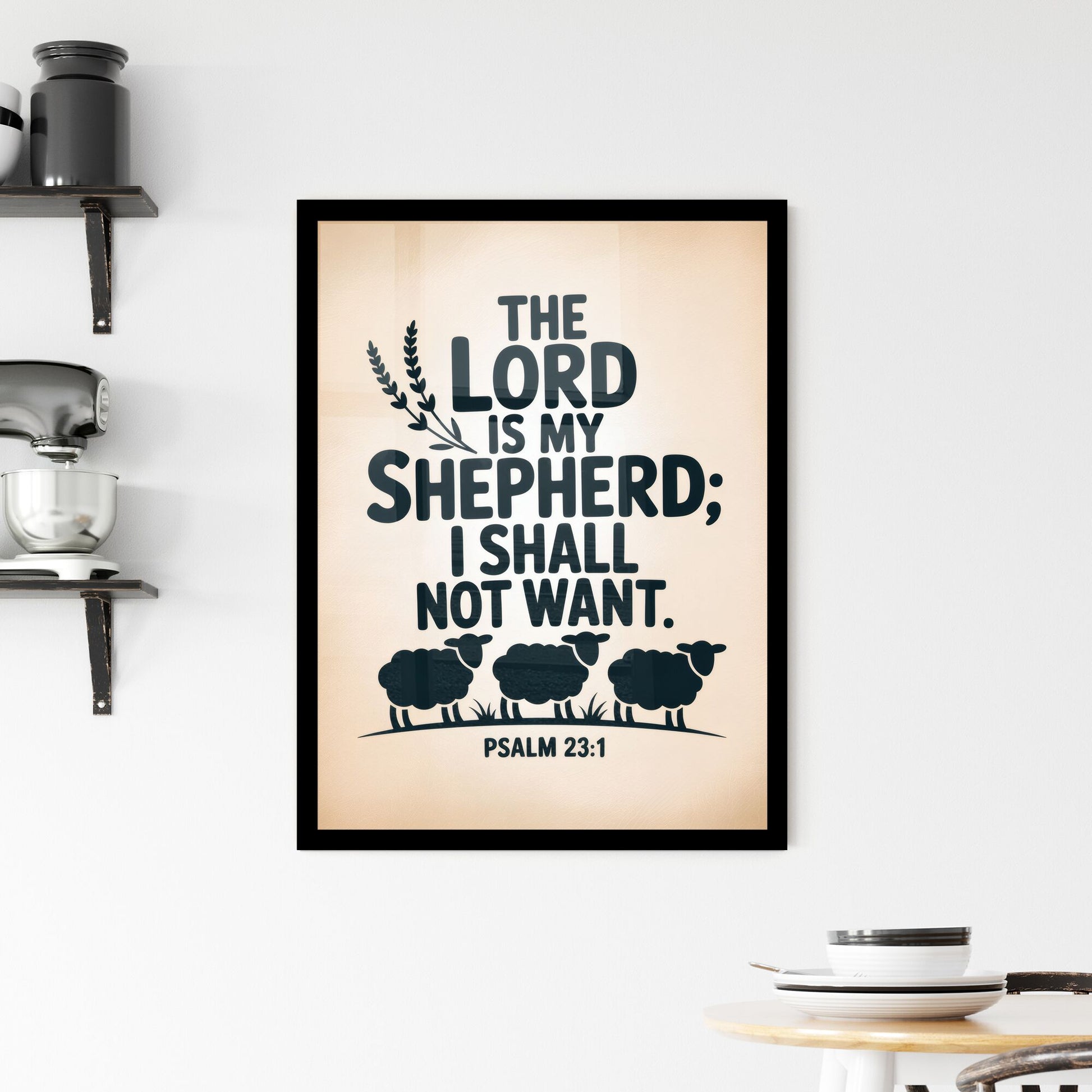 Elegant Typography Print of Psalm 23:1 Featuring Sheep and Serenity for Faith-Inspired Decor. Framed Print