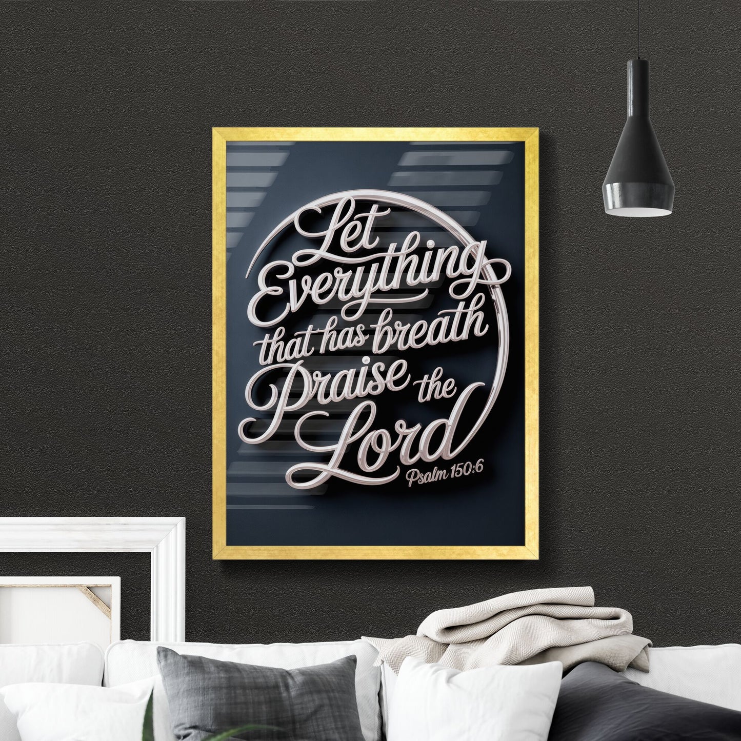 Elegant Typography: Inspirational Psalm 150:6 Quote on a Dark Background for Faith-Based Decor.