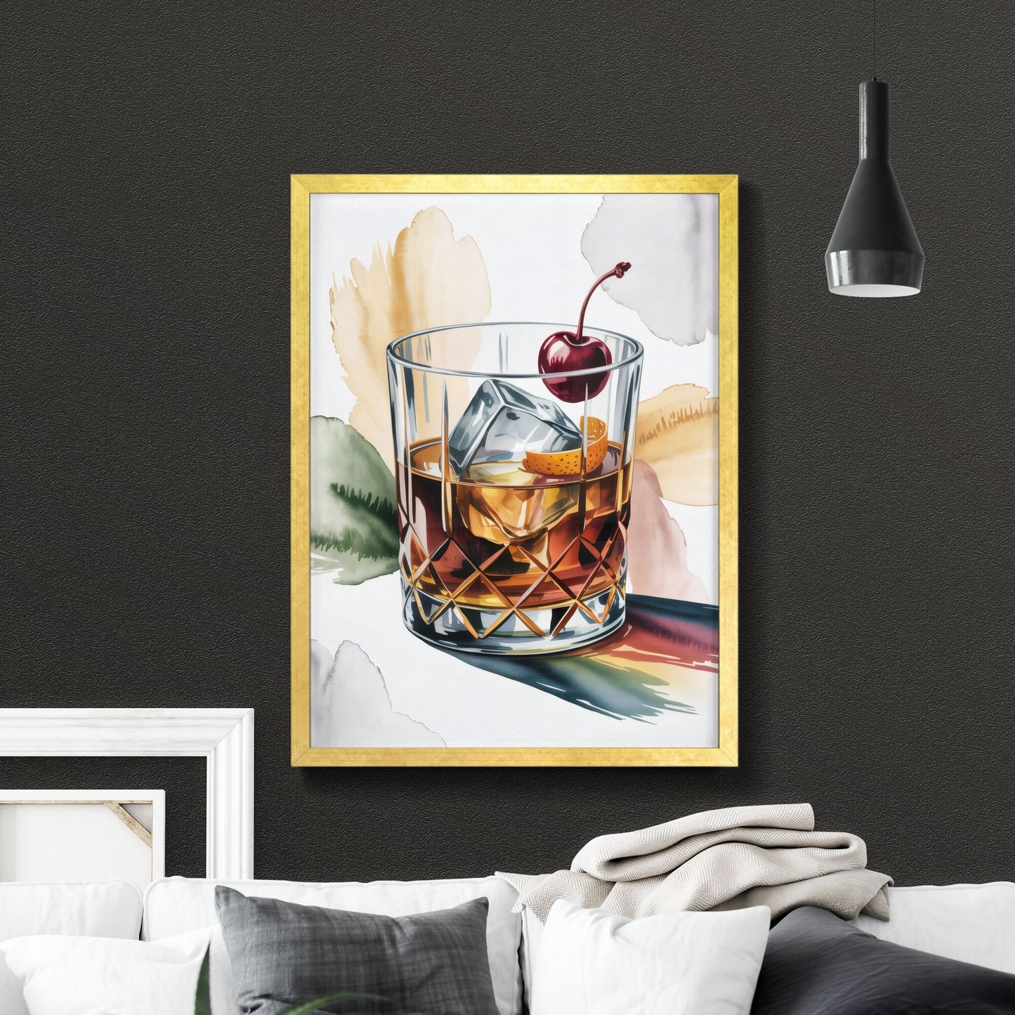 Elegant Glass of Whiskey with Cherry and Citrus Garnish on Artistic Background