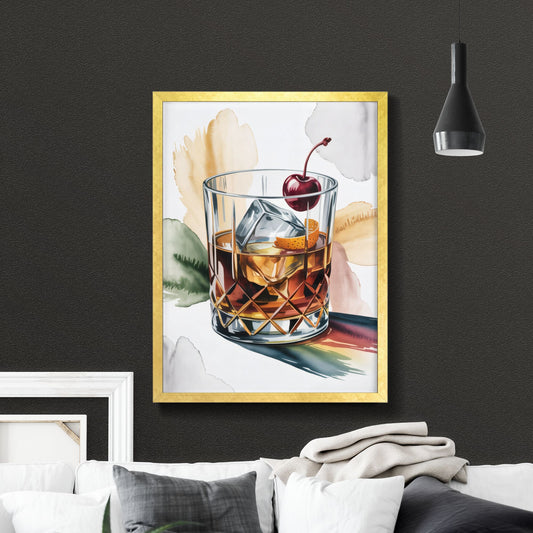 Elegant Glass of Whiskey with Cherry and Citrus Garnish on Artistic Background