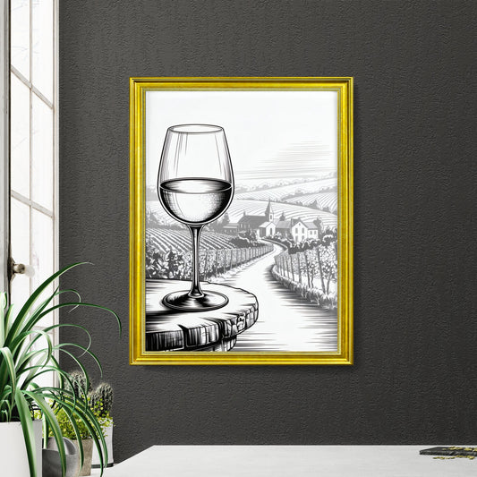 Elegant Glass of Wine Overlooking a Serene Vineyard Landscape at Sunset.