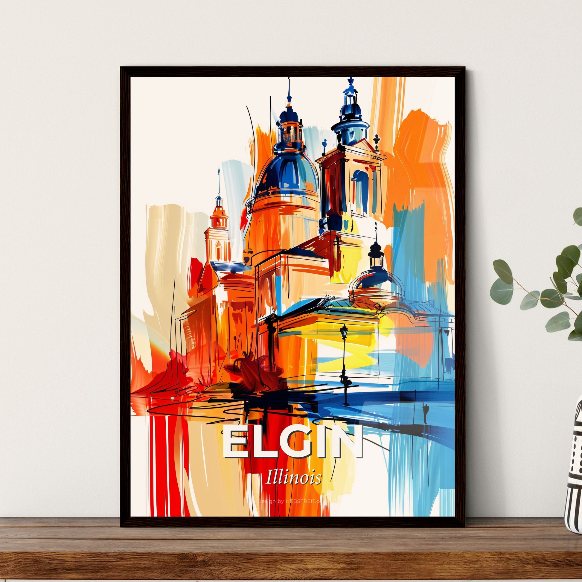 Vibrant Elgin, Illinois - A Painting Of A Building With A Colorful Background