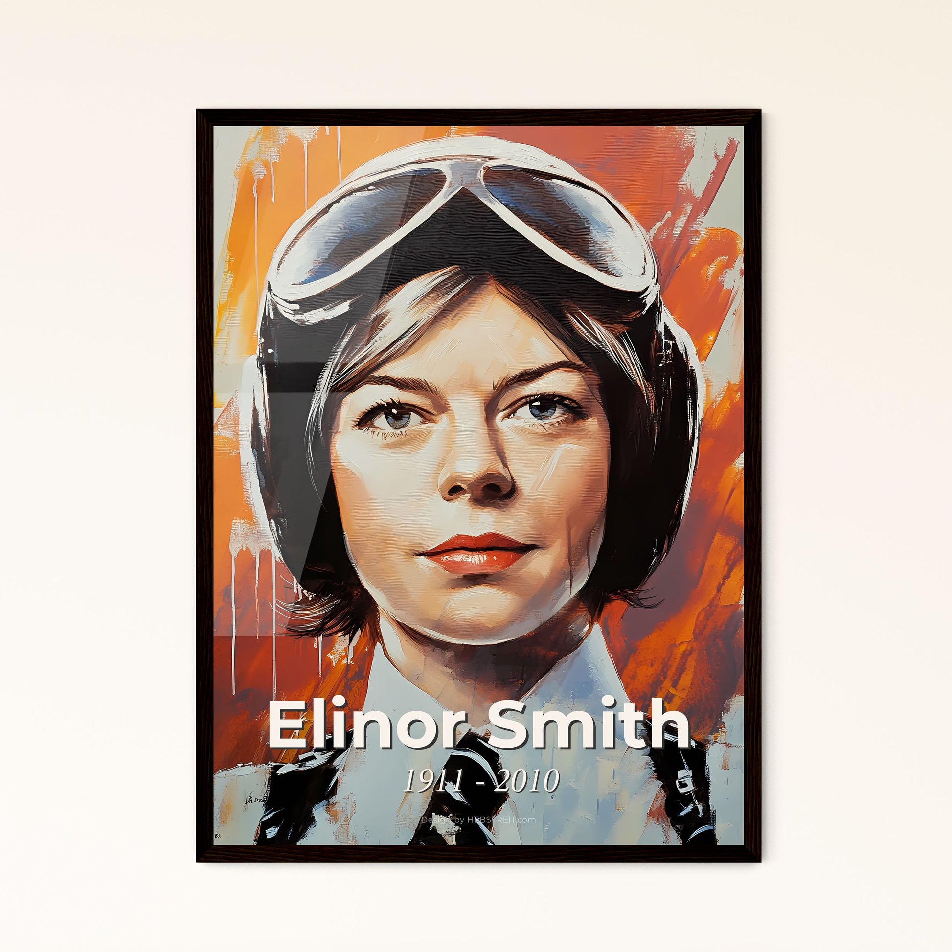 Portrait of Elinor Smith, 1911 - 2010. Impressionistic painting of a painting of a woman wearing goggles.