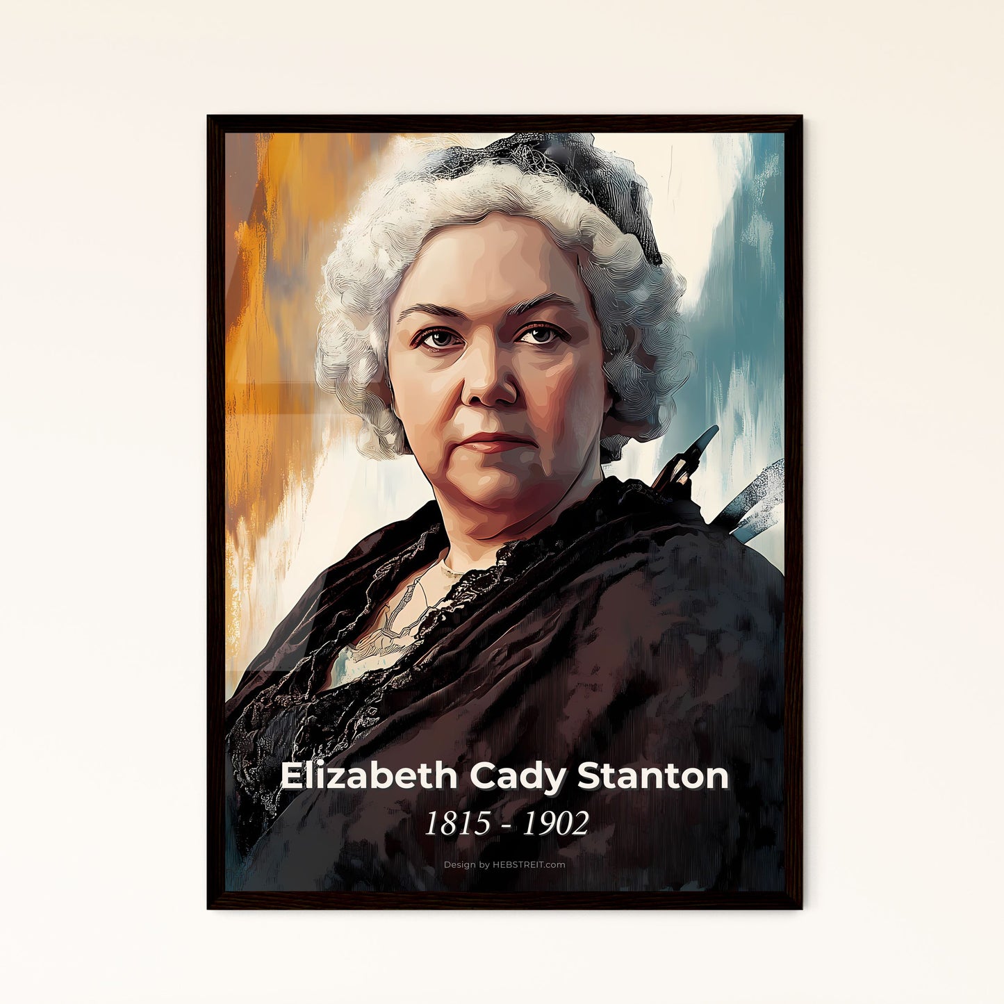 Portrait of Elizabeth Cady Stanton, 1815 - 1902. Impressionistic painting of a woman with white curly hair and a black hat.