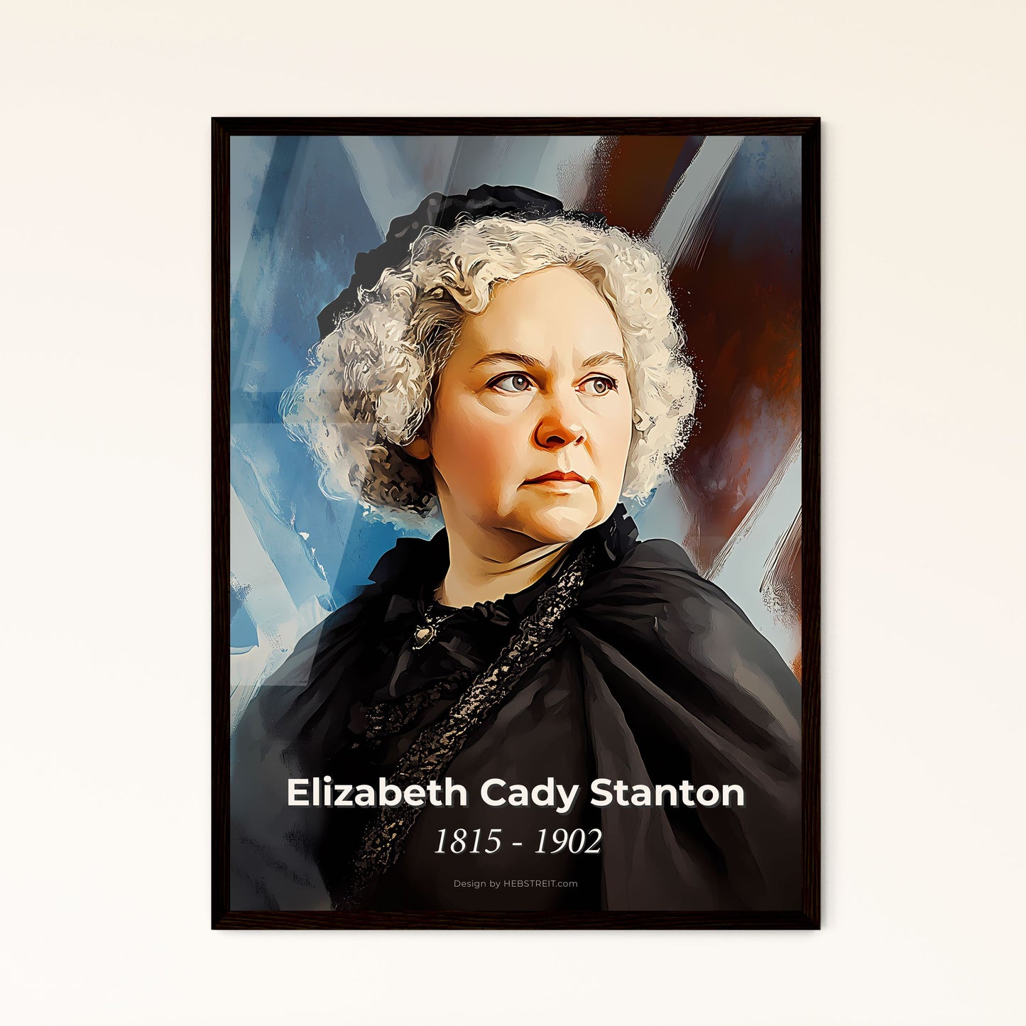 Portrait of Elizabeth Cady Stanton, 1815 - 1902. Impressionistic painting of a woman in a black dress.