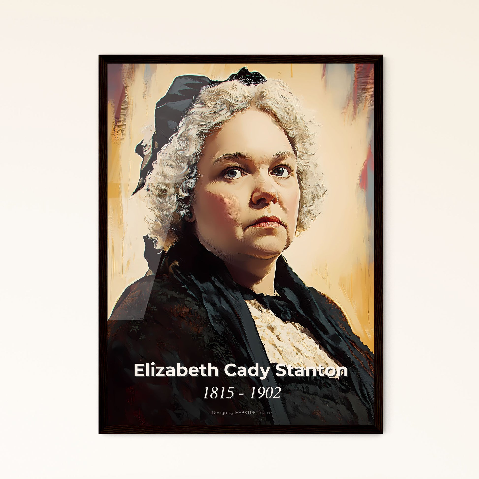 Portrait of Elizabeth Cady Stanton, 1815 - 1902. Impressionistic painting of a woman with white curly hair and a black scarf.