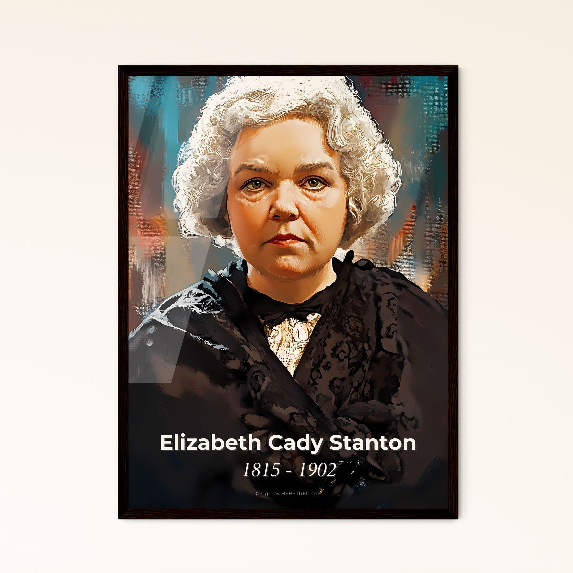 Portrait of Elizabeth Cady Stanton, 1815 - 1902. Impressionistic painting of a woman with white hair.