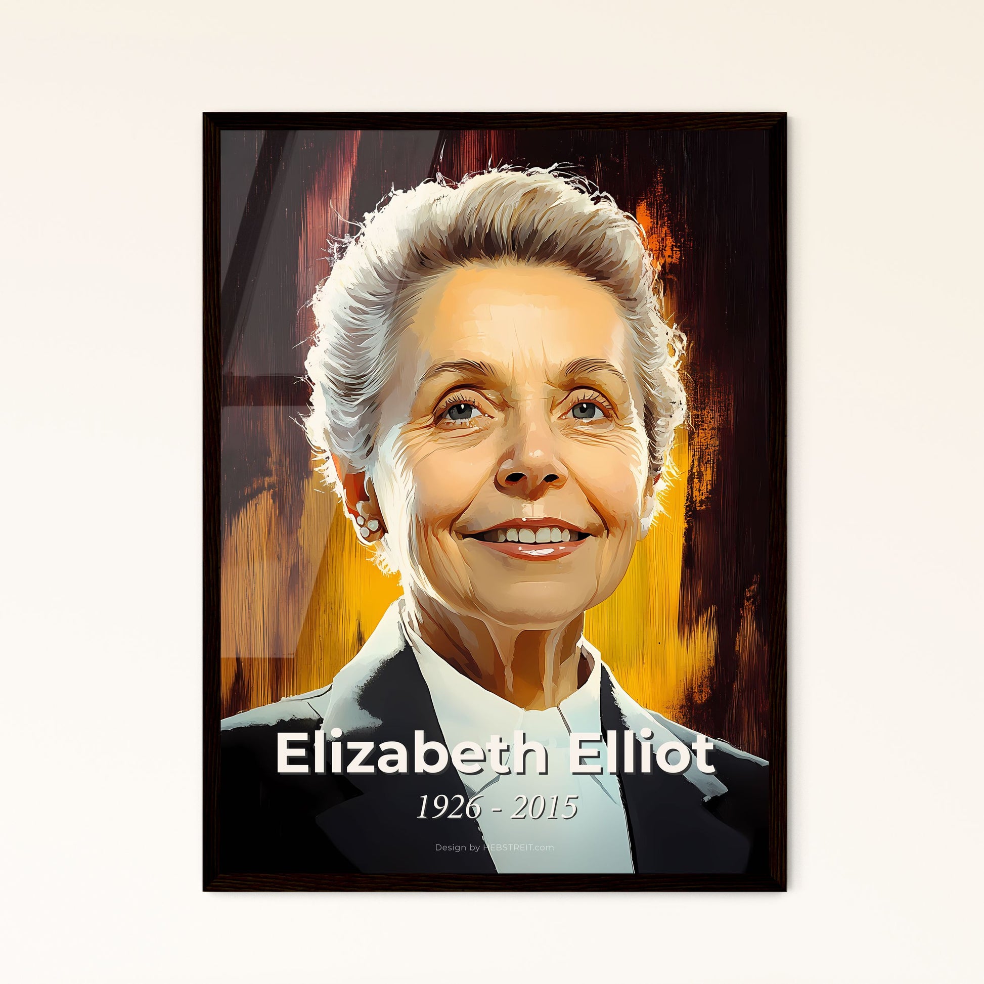 Portrait of Elizabeth Elliot, 1926 - 2015. Impressionistic painting of a woman in a suit.