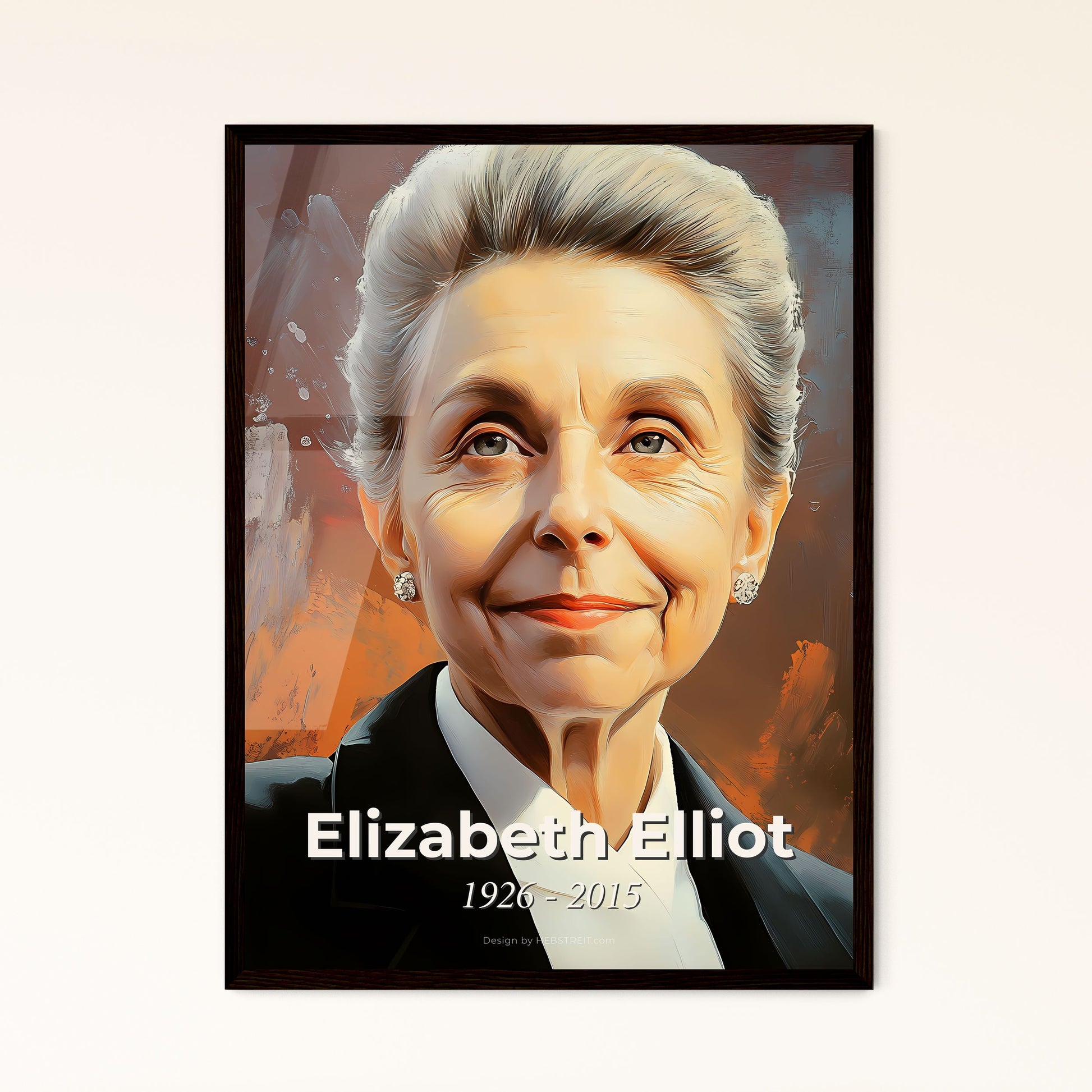 Portrait of Elizabeth Elliot, 1926 - 2015. Impressionistic painting of a woman in a suit.