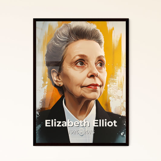 Portrait of Elizabeth Elliot, 1926 - 2015. Impressionistic painting of a woman in a suit.