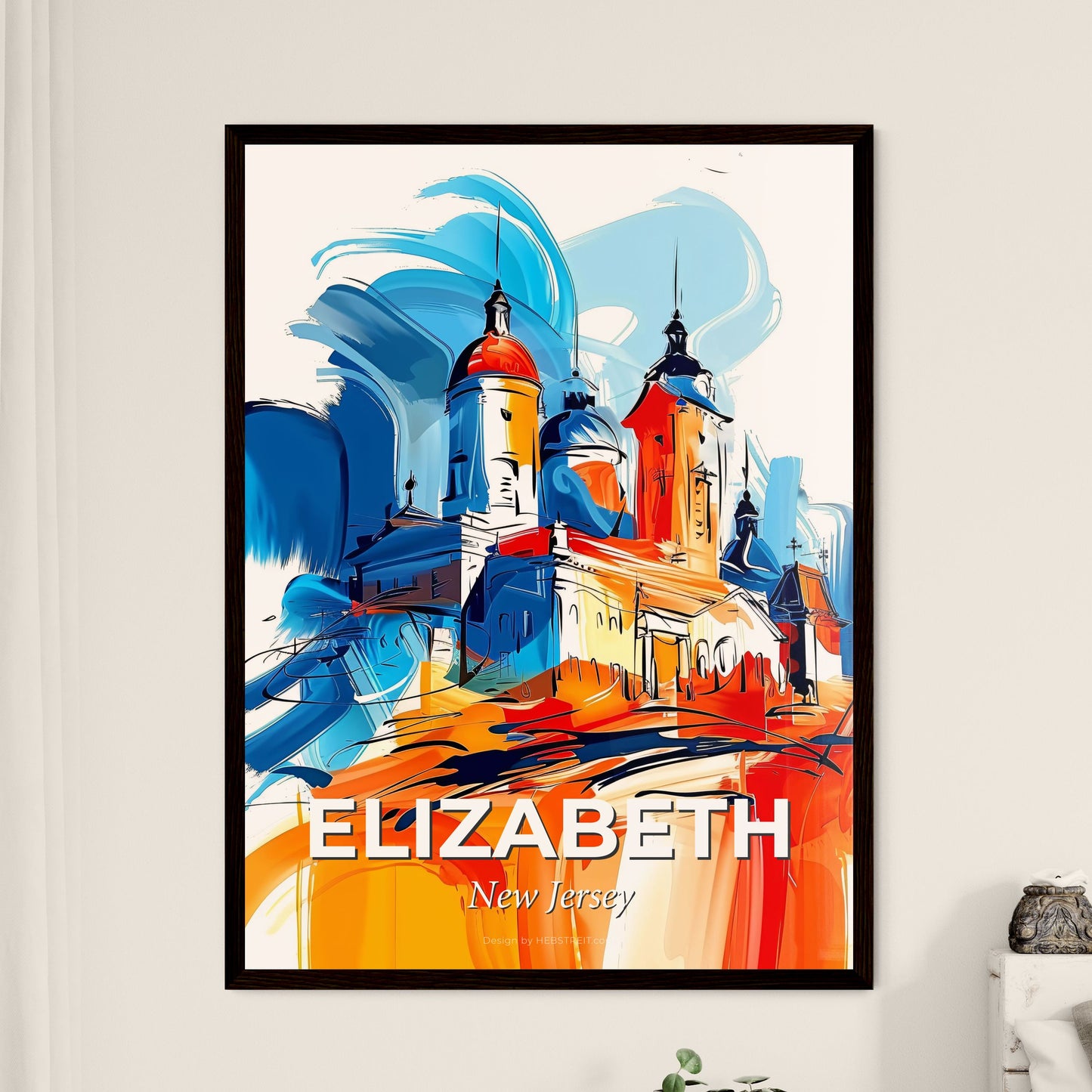 Vibrant Elizabeth, New Jersey - A Painting Of A Building With A Red And Blue Roof