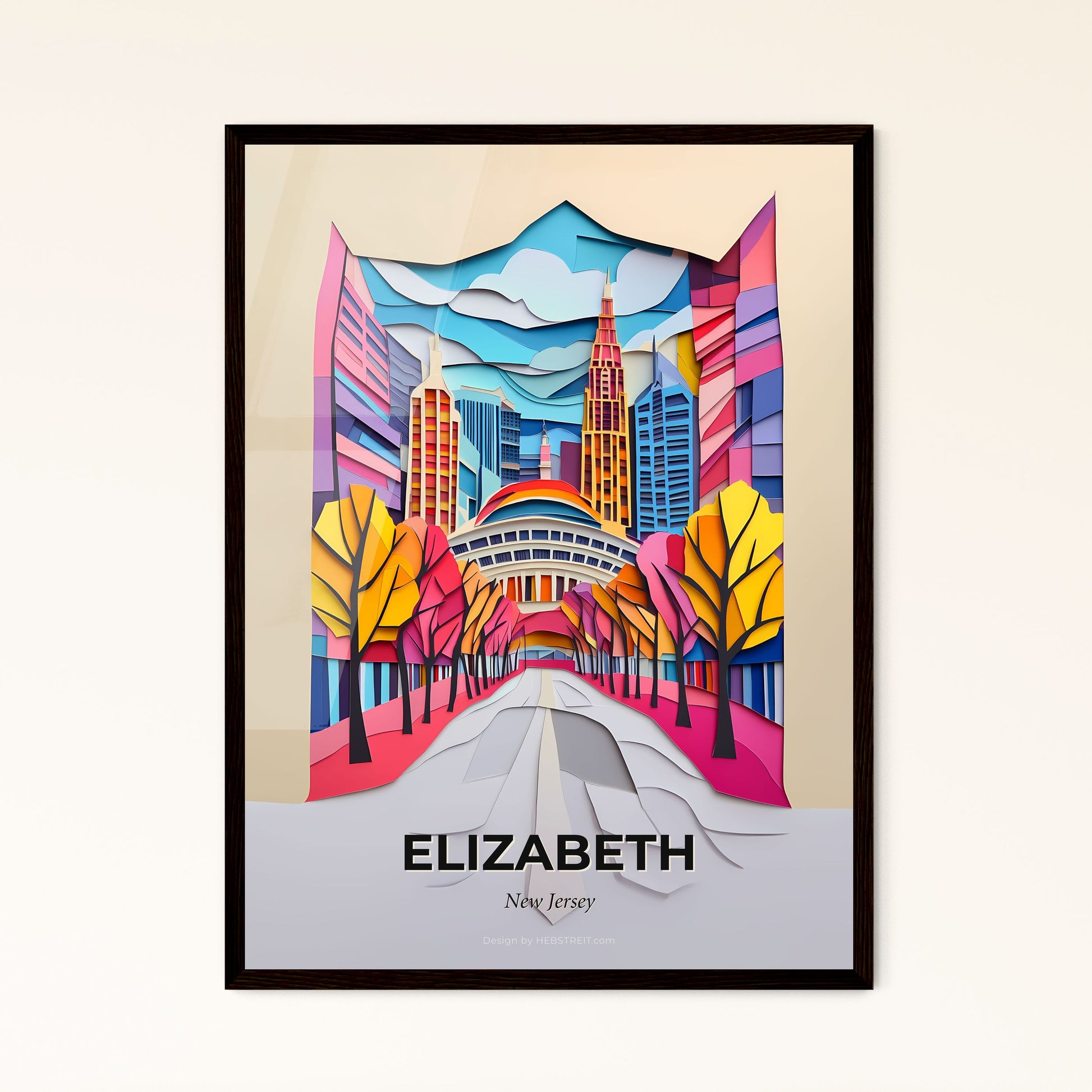 Vivid Elizabeth, New Jersey - a paper cut of a city with trees