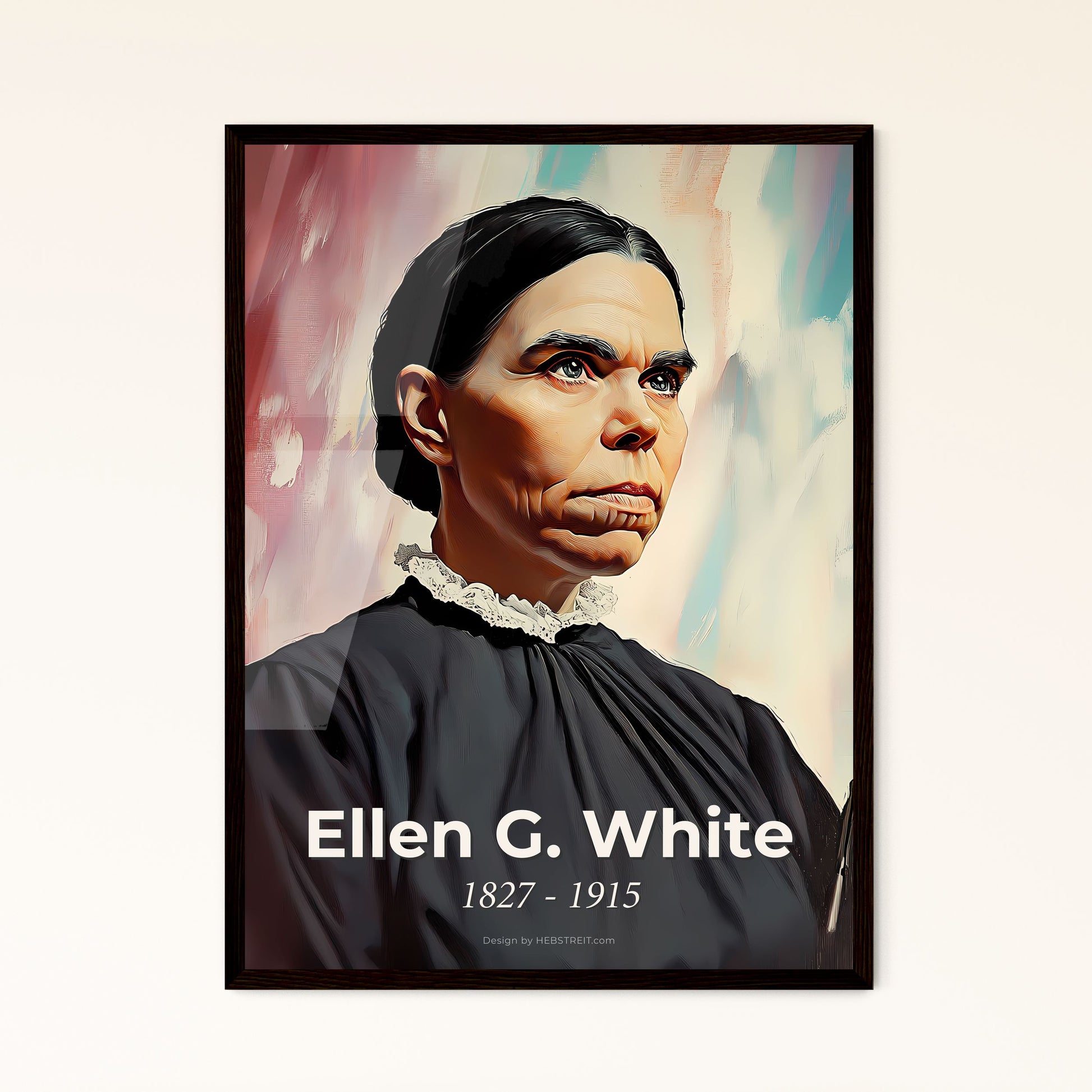 Portrait of Ellen G. White, 1827 - 1915. Impressionistic painting of a woman in a black dress.