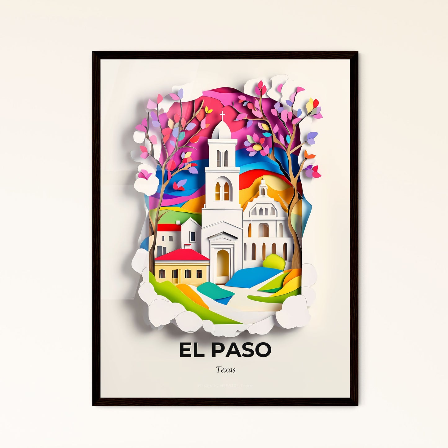 Vivid El Paso, Texas - a paper cut of a church and trees