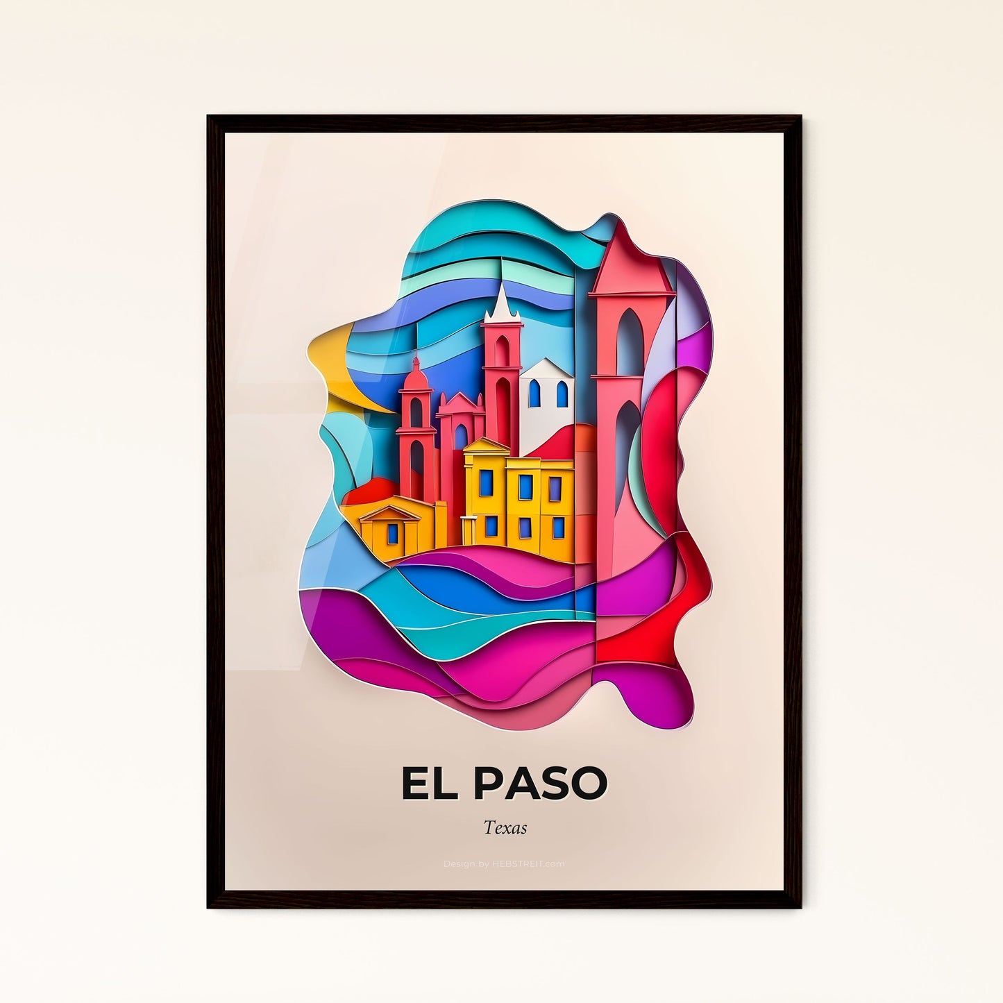 Vivid El Paso, Texas - a colorful paper cut of a city with a clock