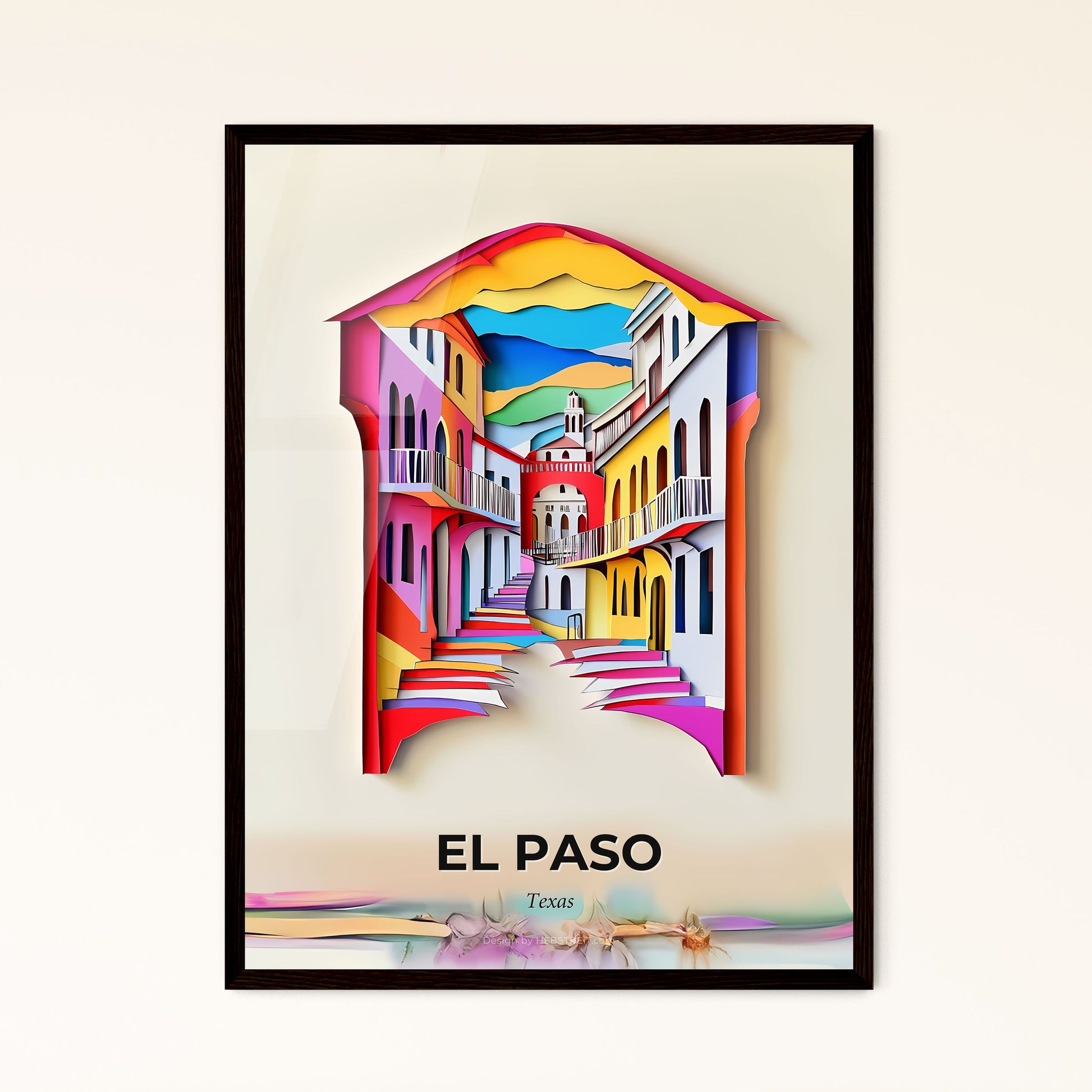 Vivid El Paso, Texas - a paper cut of a colorful city with a clock