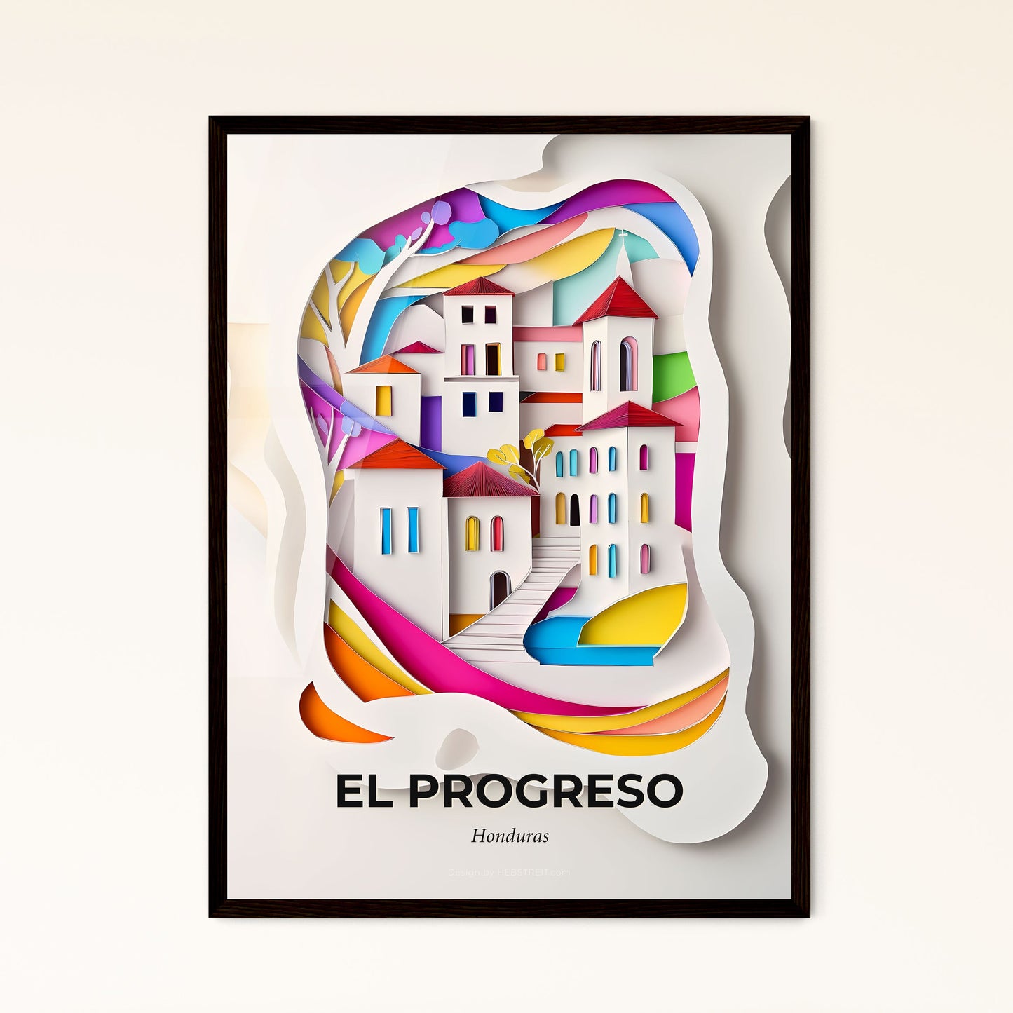 Vivid El Progreso, Honduras - a paper cut of a city with a rainbow stream