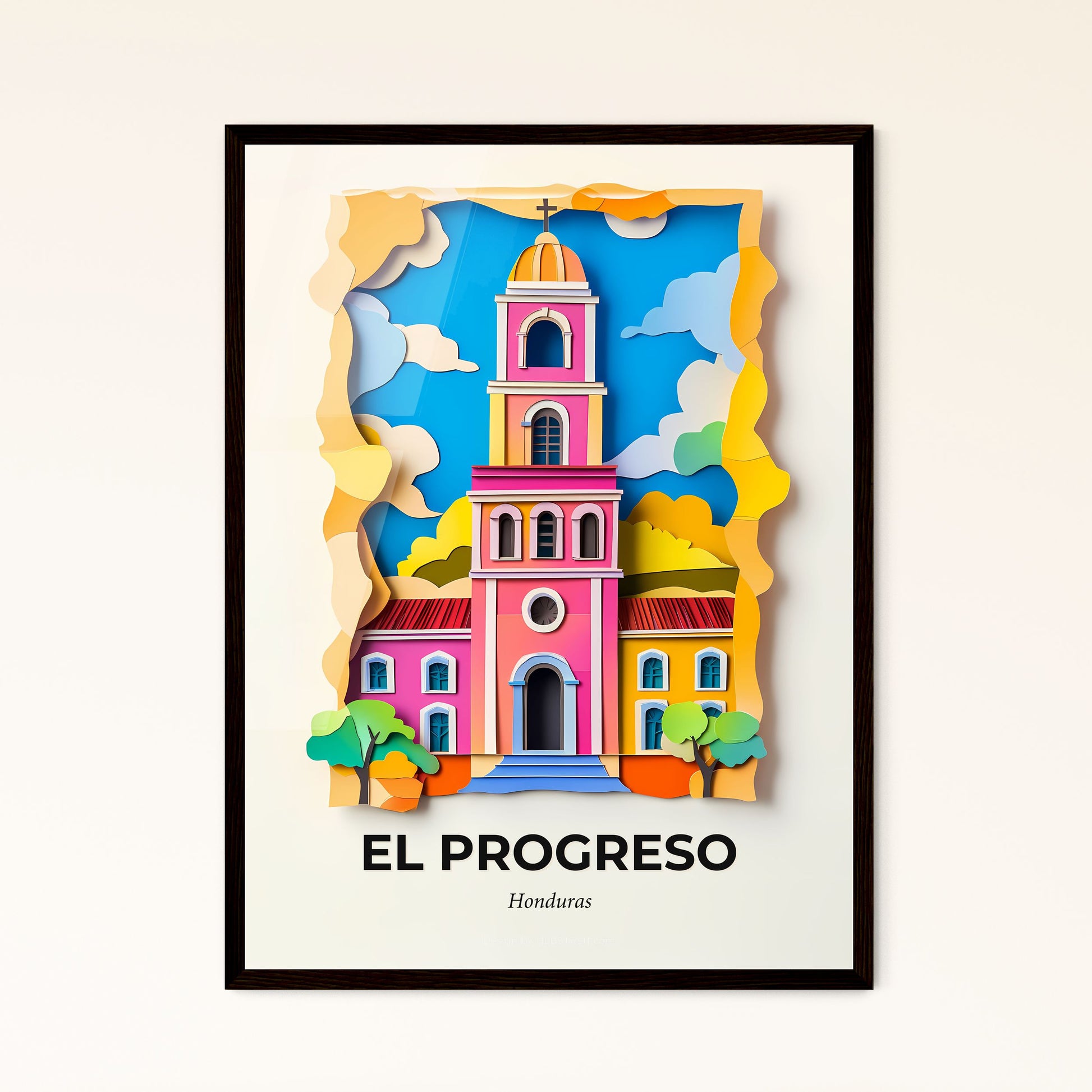 Vivid El Progreso, Honduras - a paper cut of a church with a clock tower